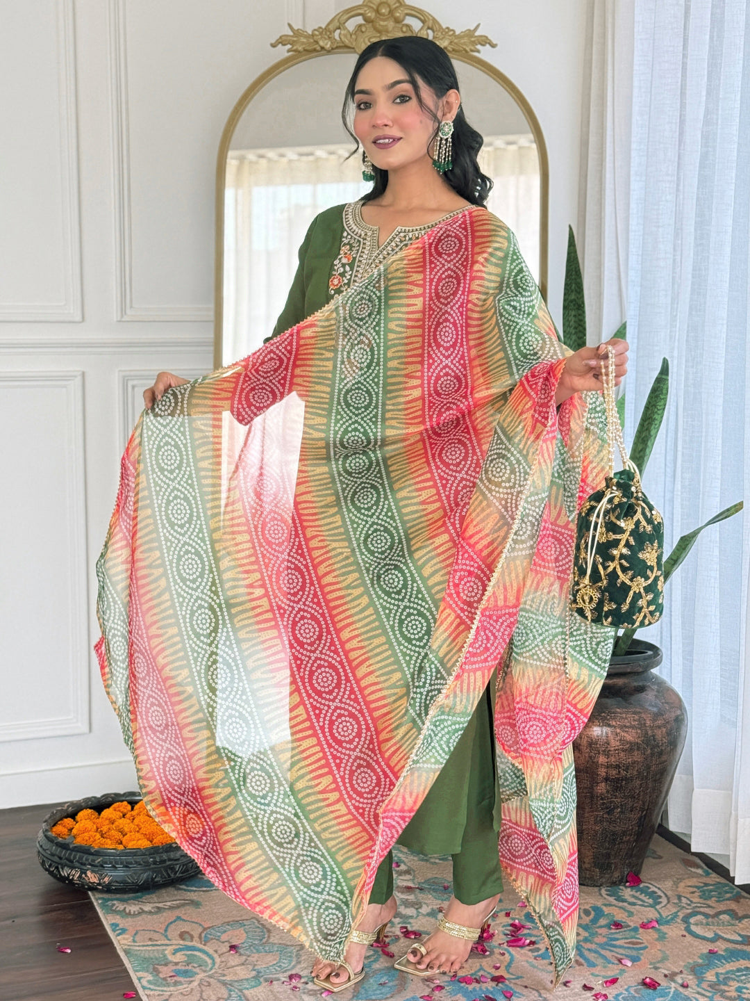 Mehndi Rayon Elegant Kurta Pant Set With Embroidery Work