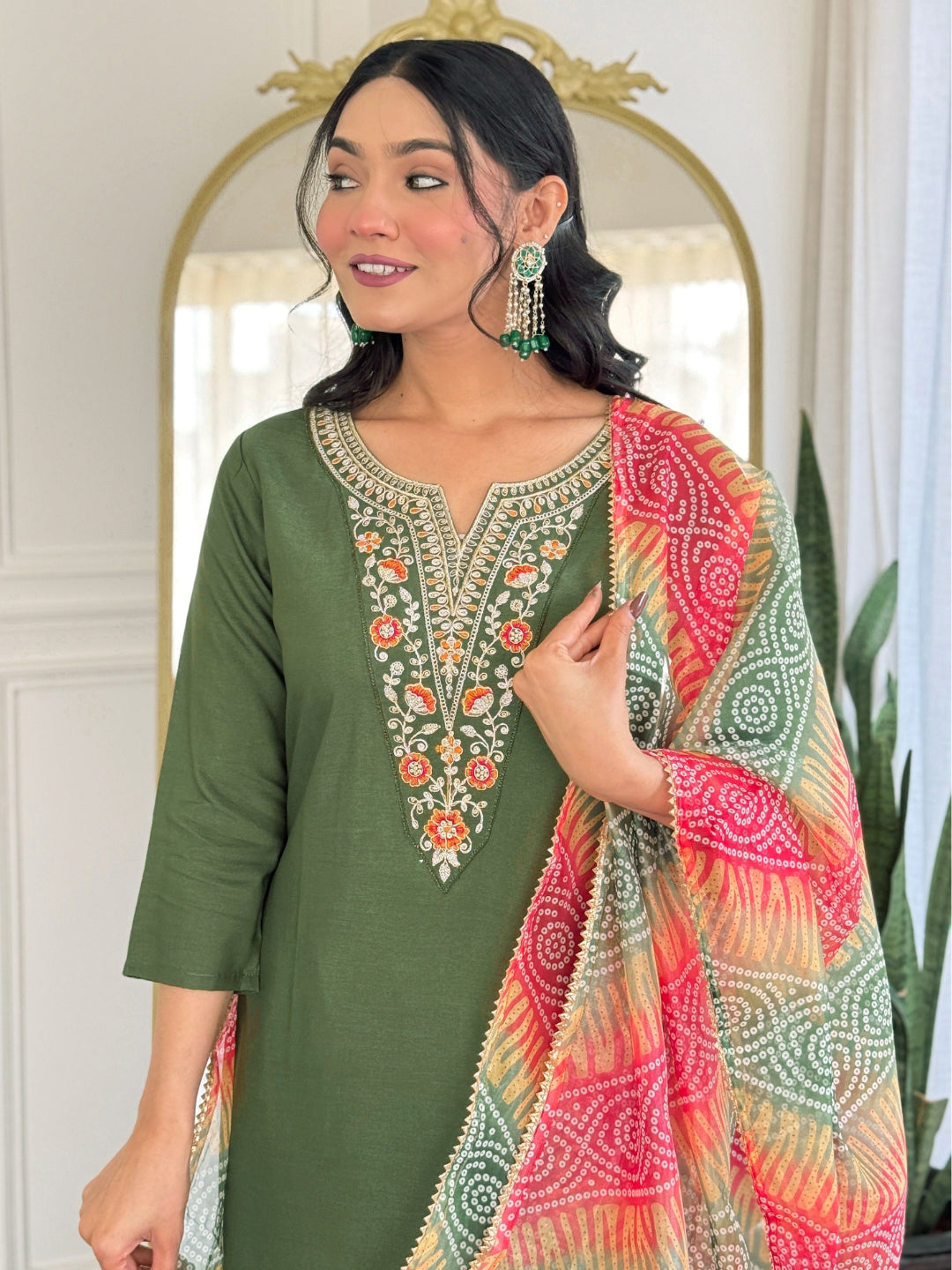 Mehndi Rayon Elegant Kurta Pant Set With Embroidery Work