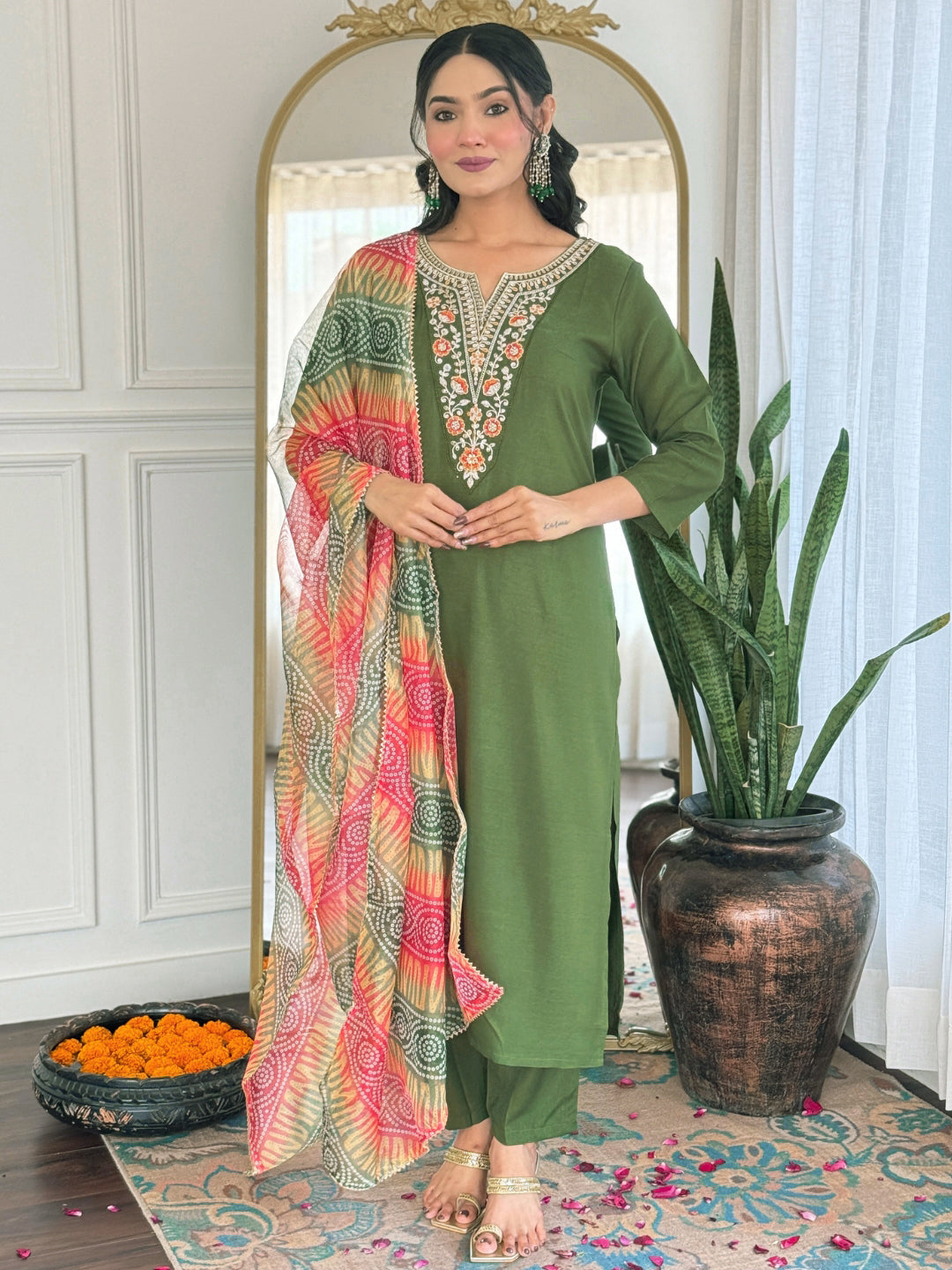 Mehndi Rayon Elegant Kurta Pant Set With Embroidery Work