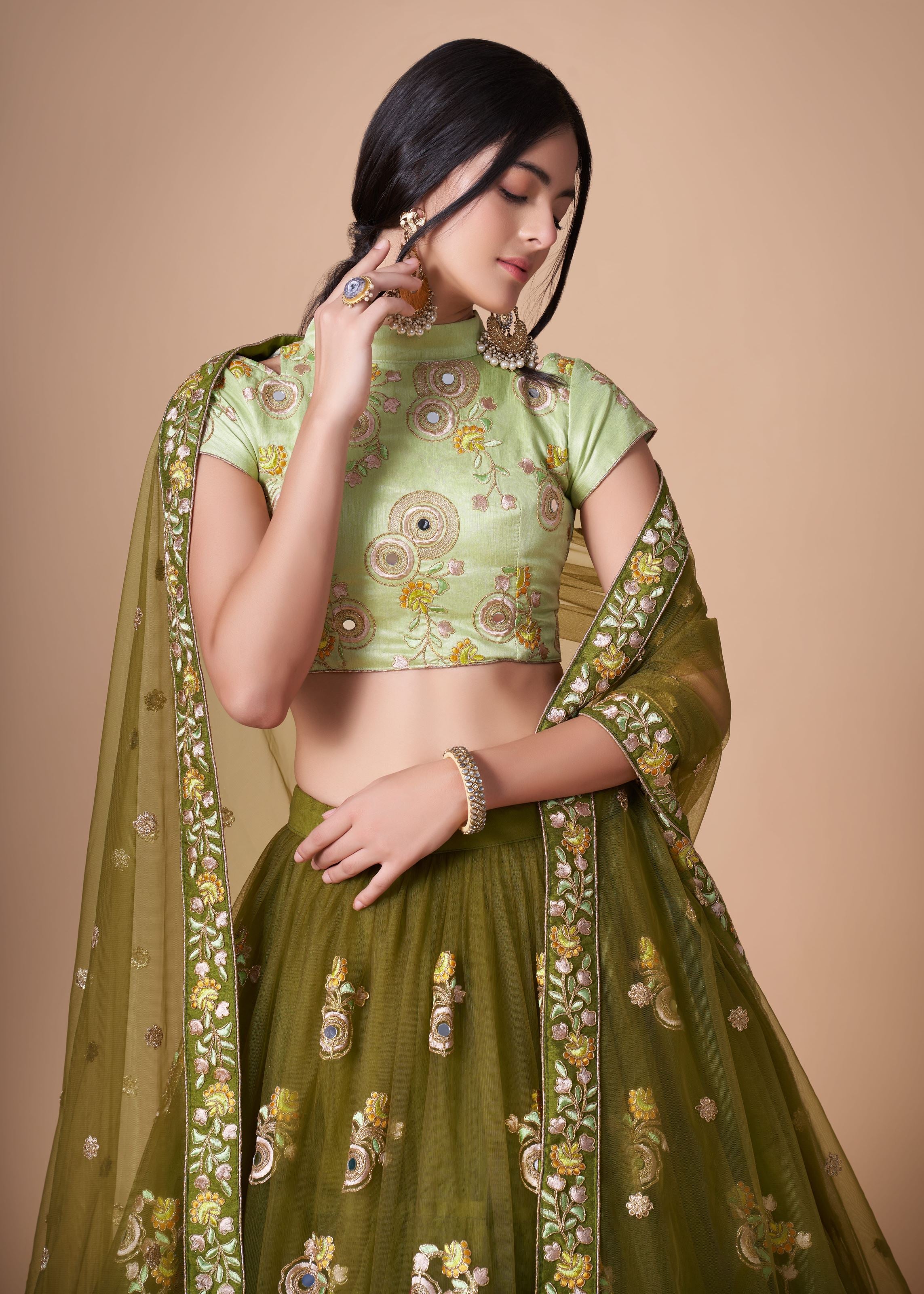 Mehndi green Lehenga Choli With   Thread, Zari, Dori And Sequins Embroidery With Mirror Work