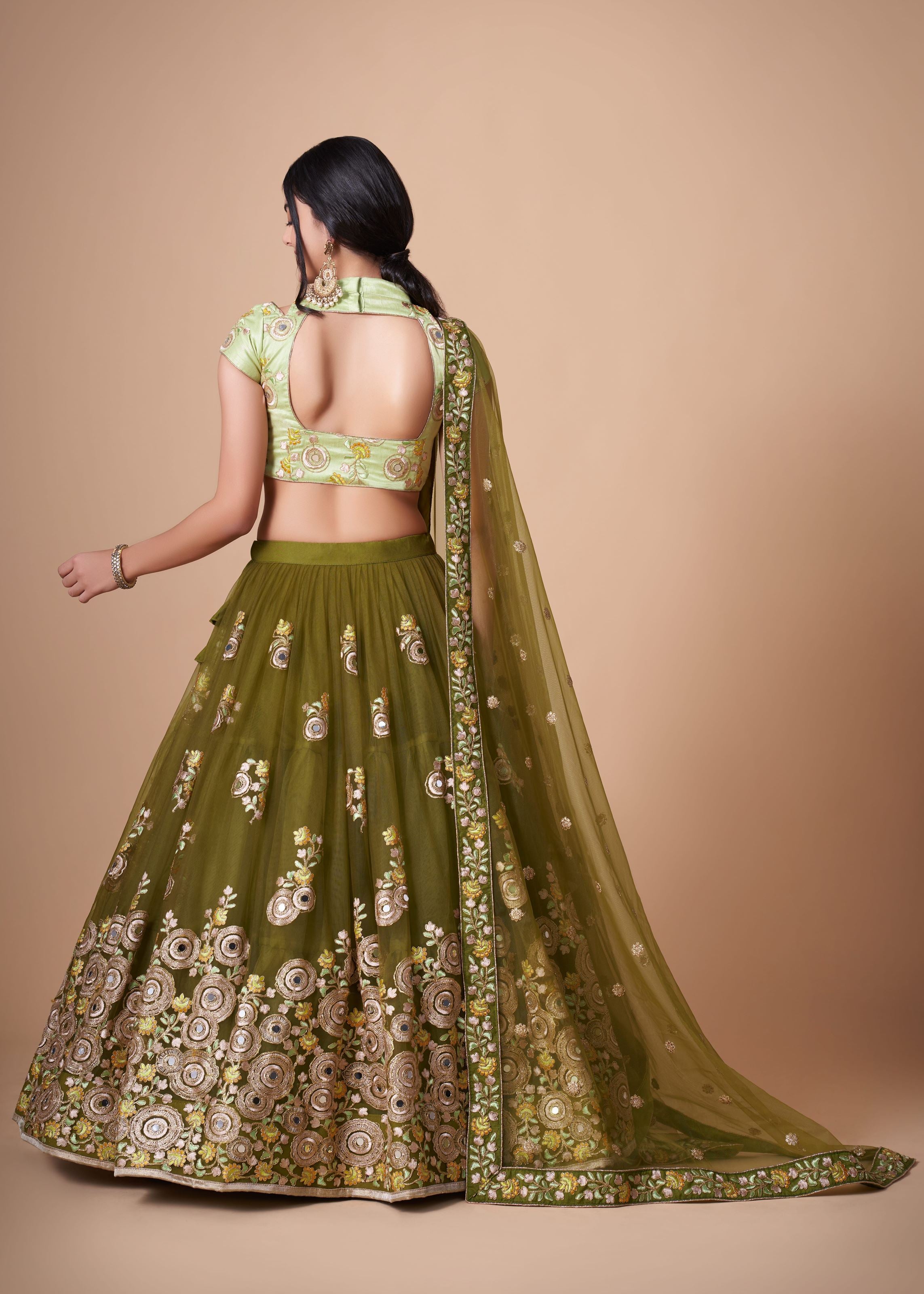 Mehndi green Lehenga Choli With   Thread, Zari, Dori And Sequins Embroidery With Mirror Work