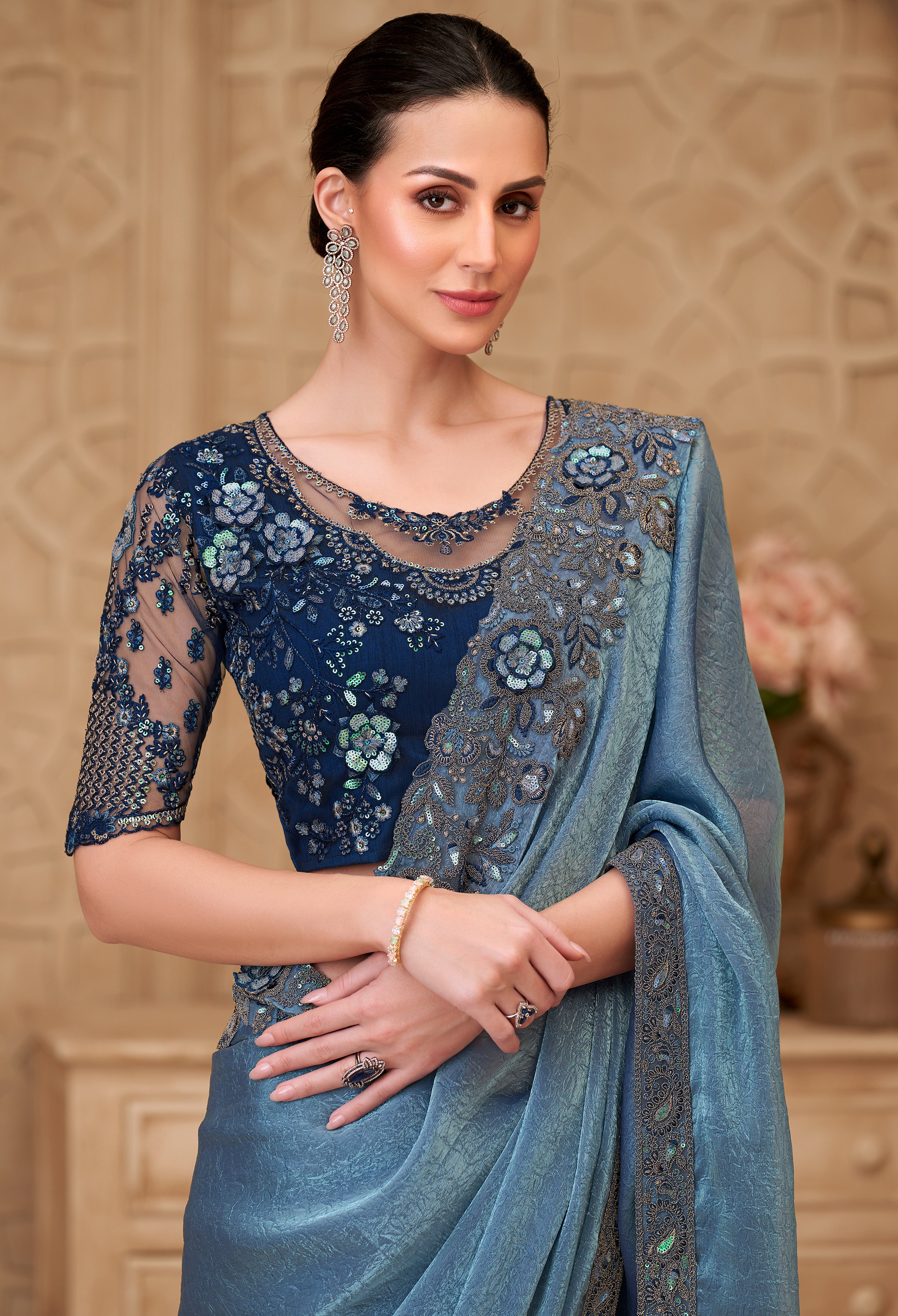 Metal Blue Saree With  Heavy Thread Embroidery Sequins Border Work With Embroidery Blouse