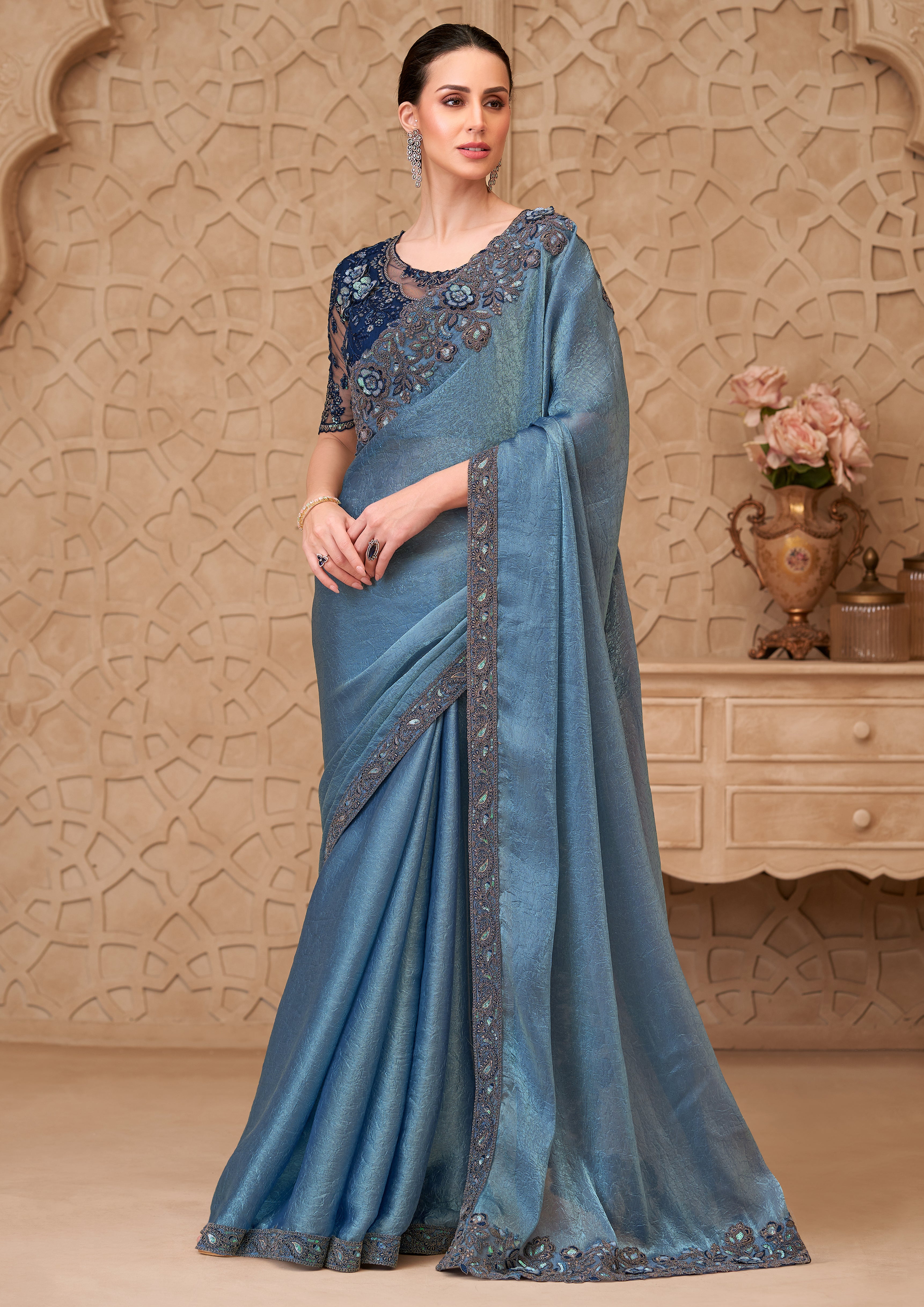 Metal Blue Saree With  Heavy Thread Embroidery Sequins Border Work With Embroidery Blouse