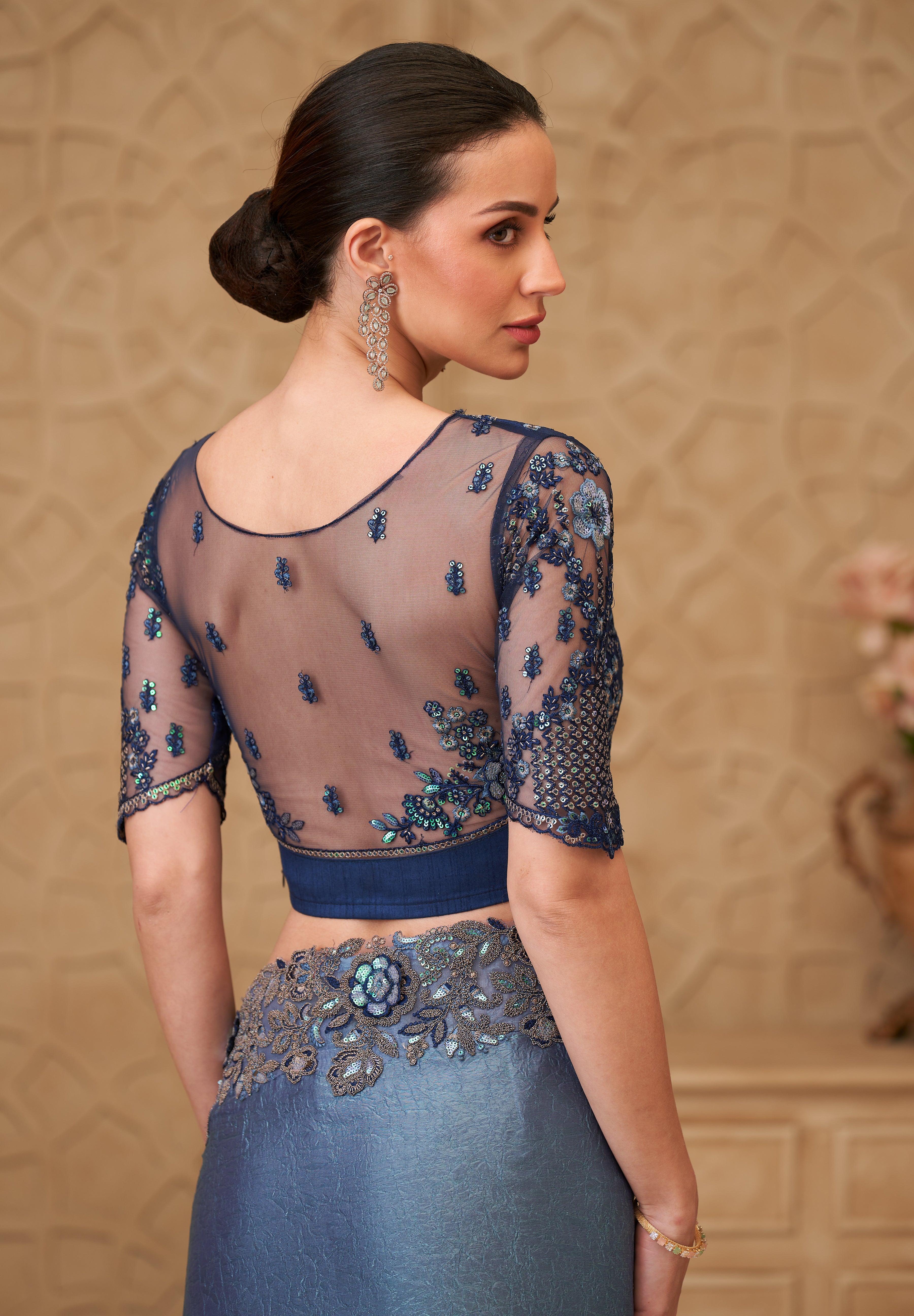 Metal Blue Saree With  Heavy Thread Embroidery Sequins Border Work With Embroidery Blouse