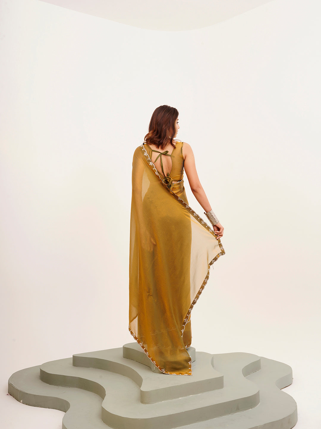 Metallic Mustard Beautiful Partywear Embellished Beads And Stones Satin Saree