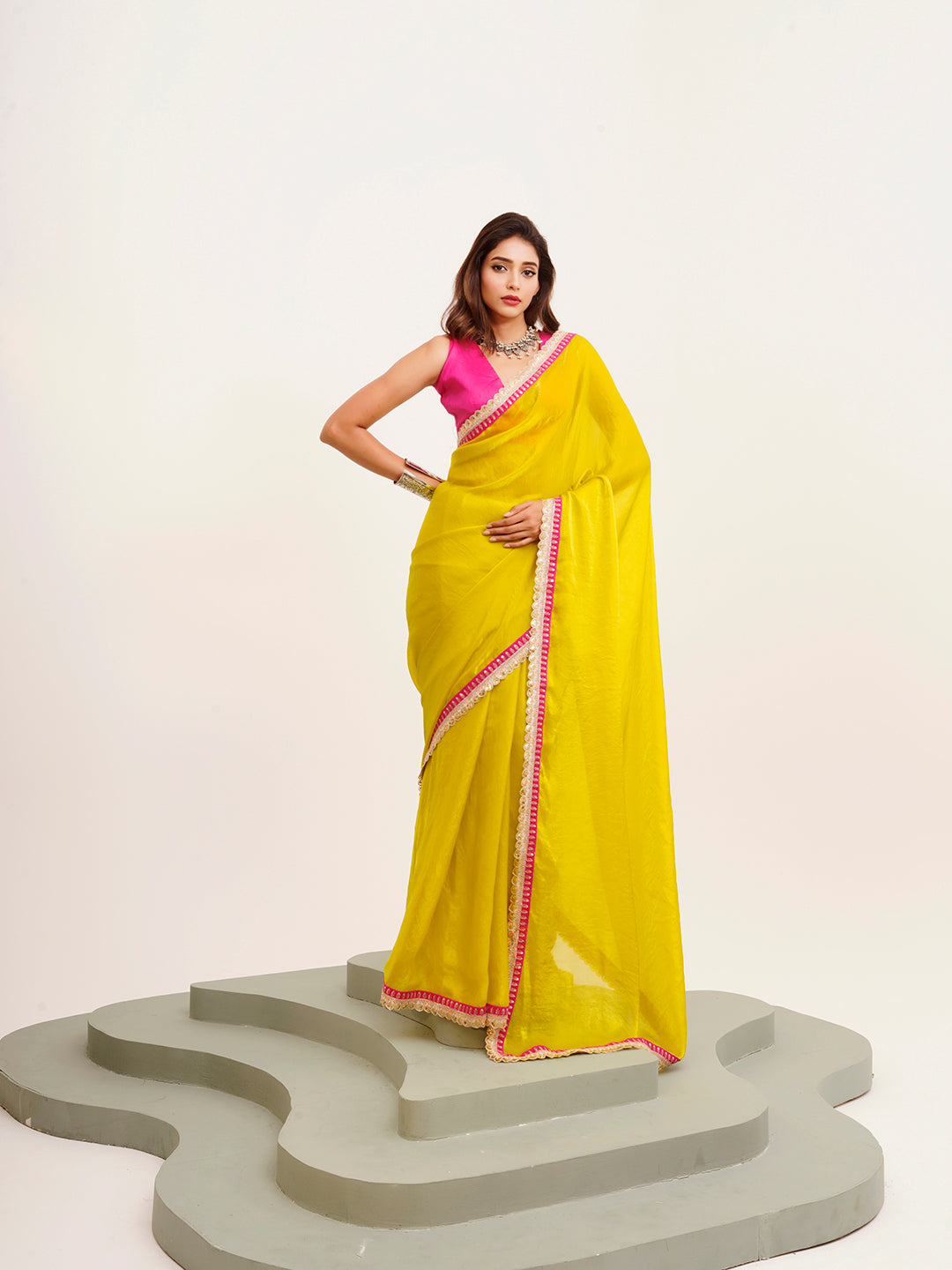 Metallic Yellow Beautiful Partywear Embellished Sequinned Satin Saree