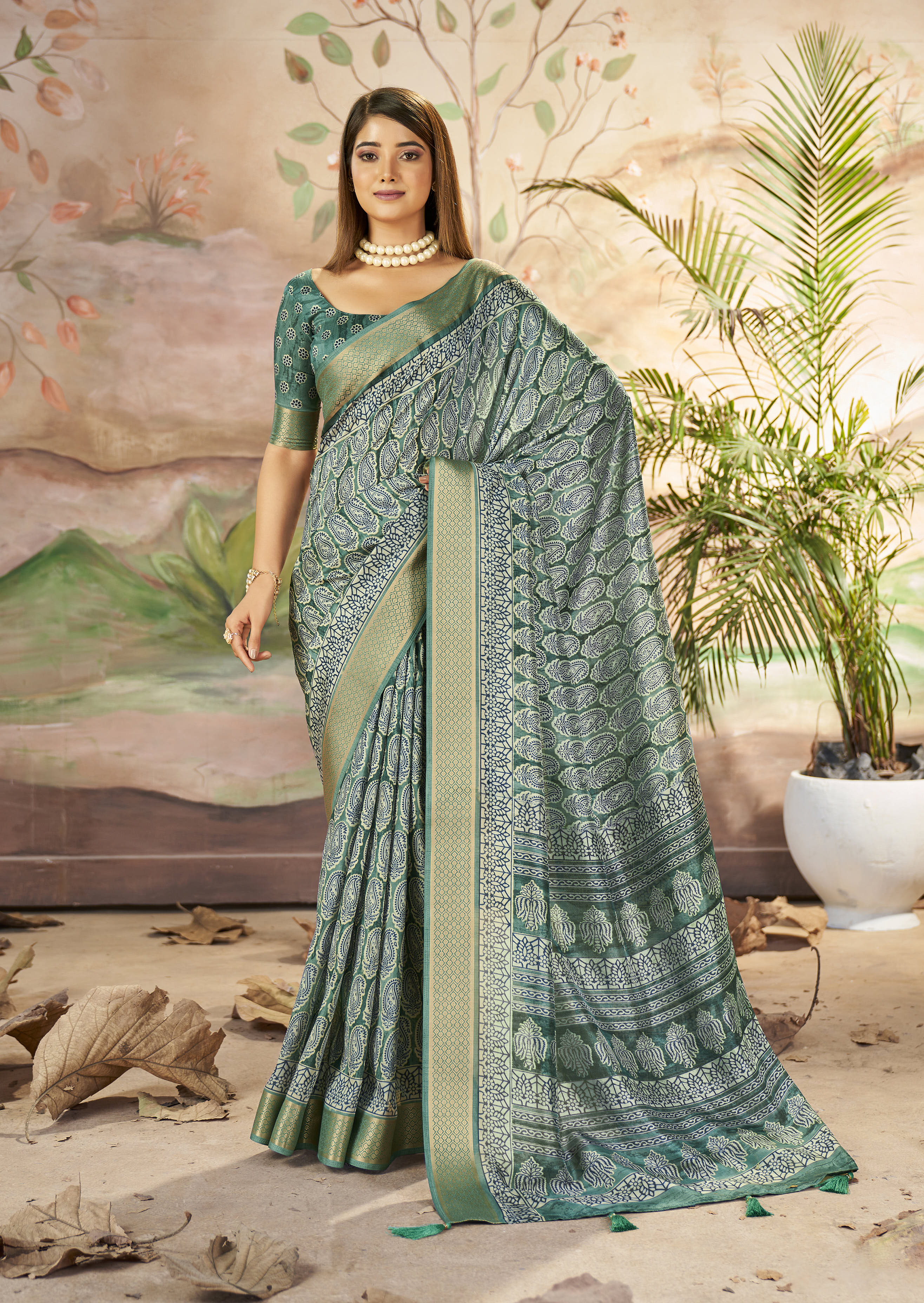 Mineral Green Beautiful Dolla Silk Woven Border Designer With Printed Saree