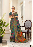 Mineral Green Velvet Tussar Silk Woven Designer With Floral Printed Ethnic Wedding Wear Saree