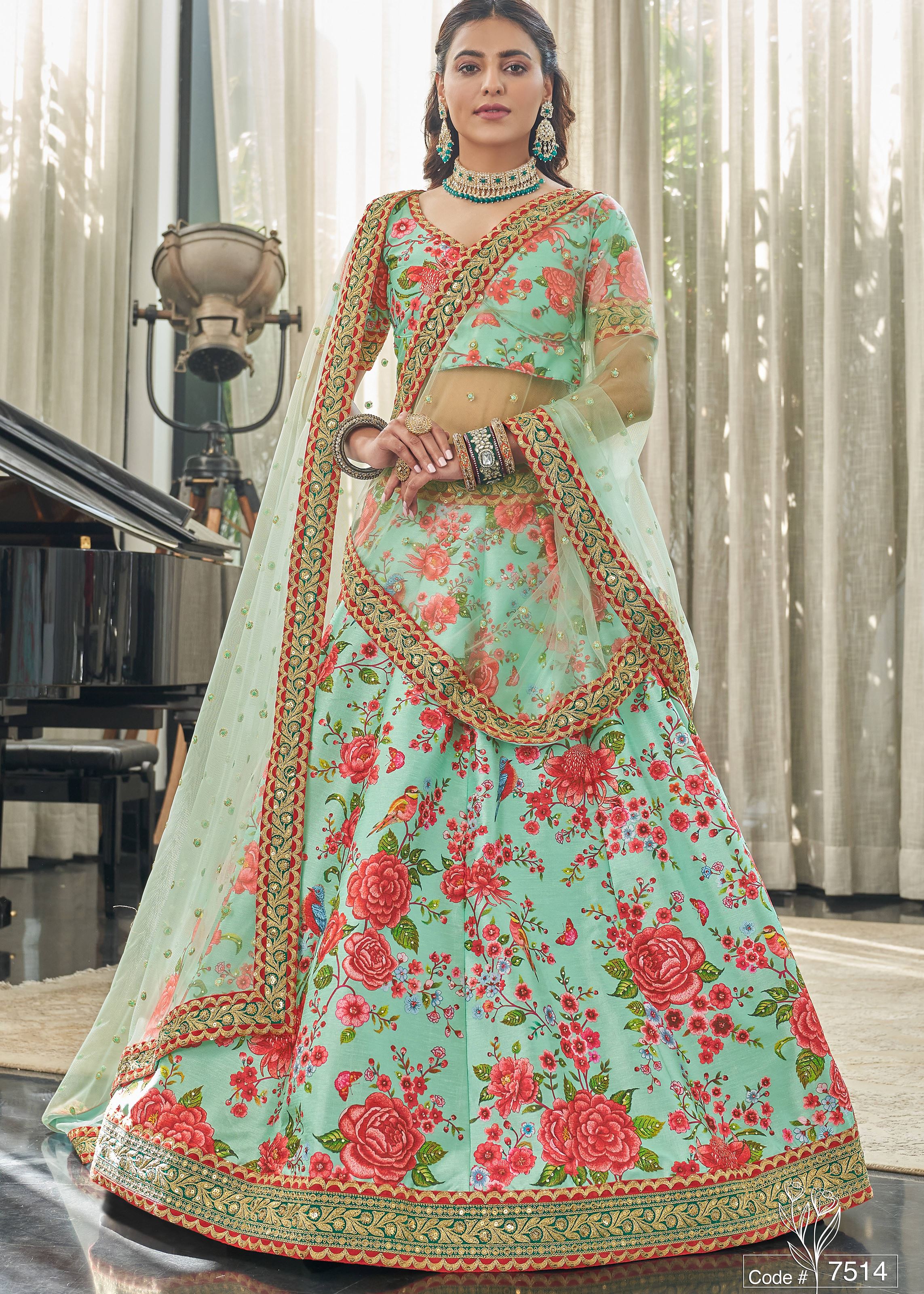 Mint-Red Lehenga Choli With Digital Print With Dori, Sequins And Stone Work
