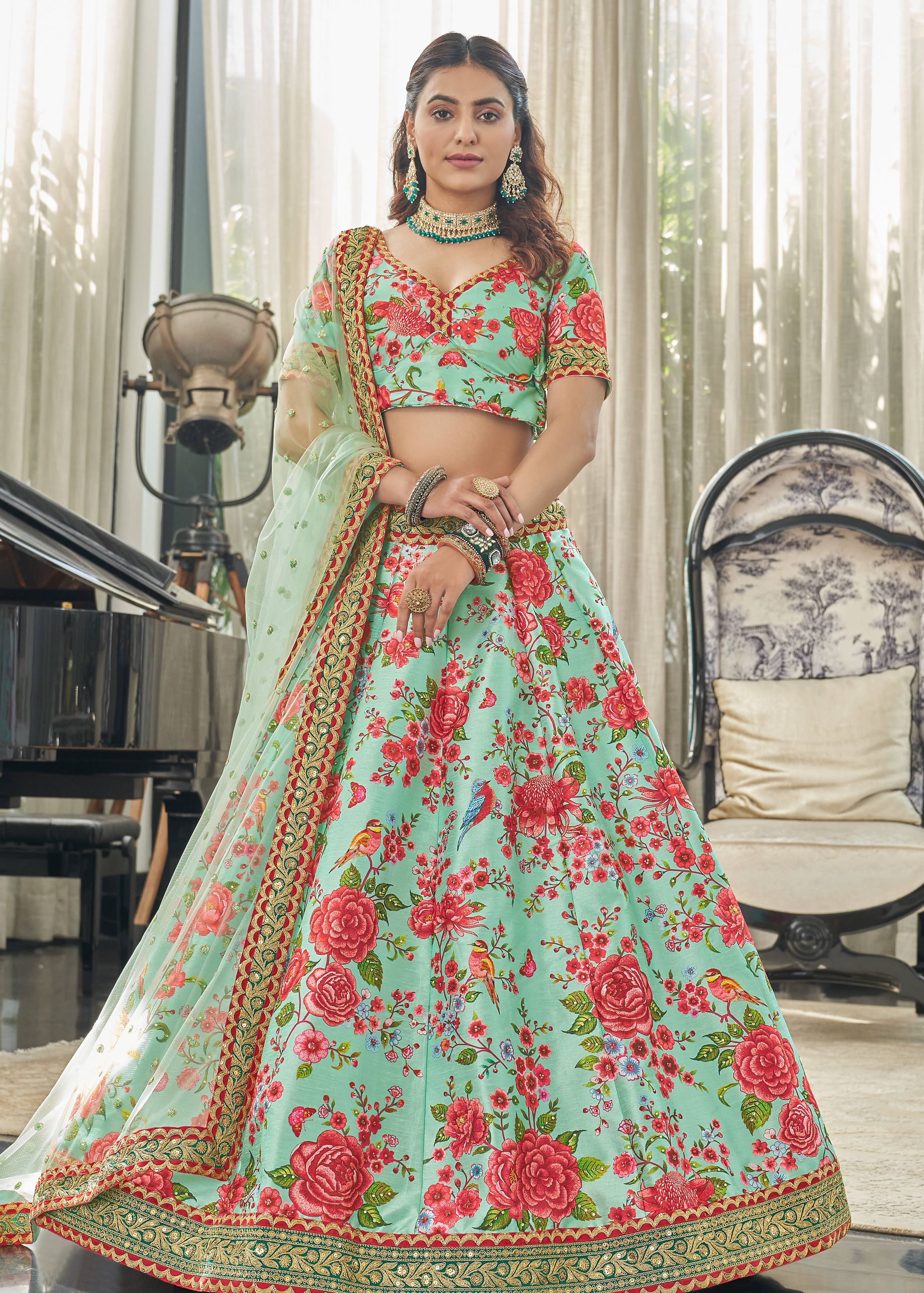 Mint-Red Lehenga Choli With Digital Print With Dori, Sequins And Stone Work