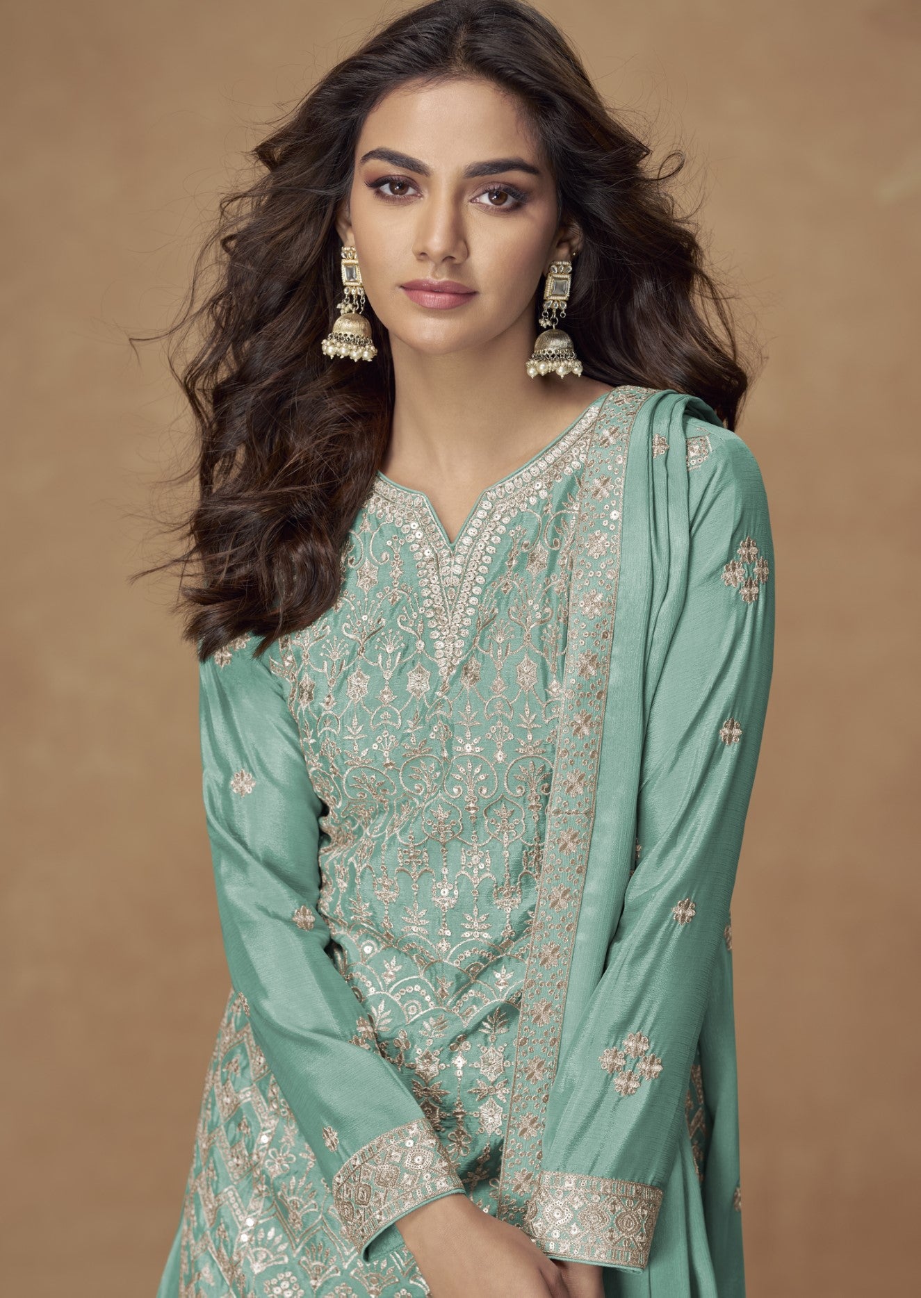 Mint Green Chinon Silk Salwar Suit With Zari Sequin Embroidery