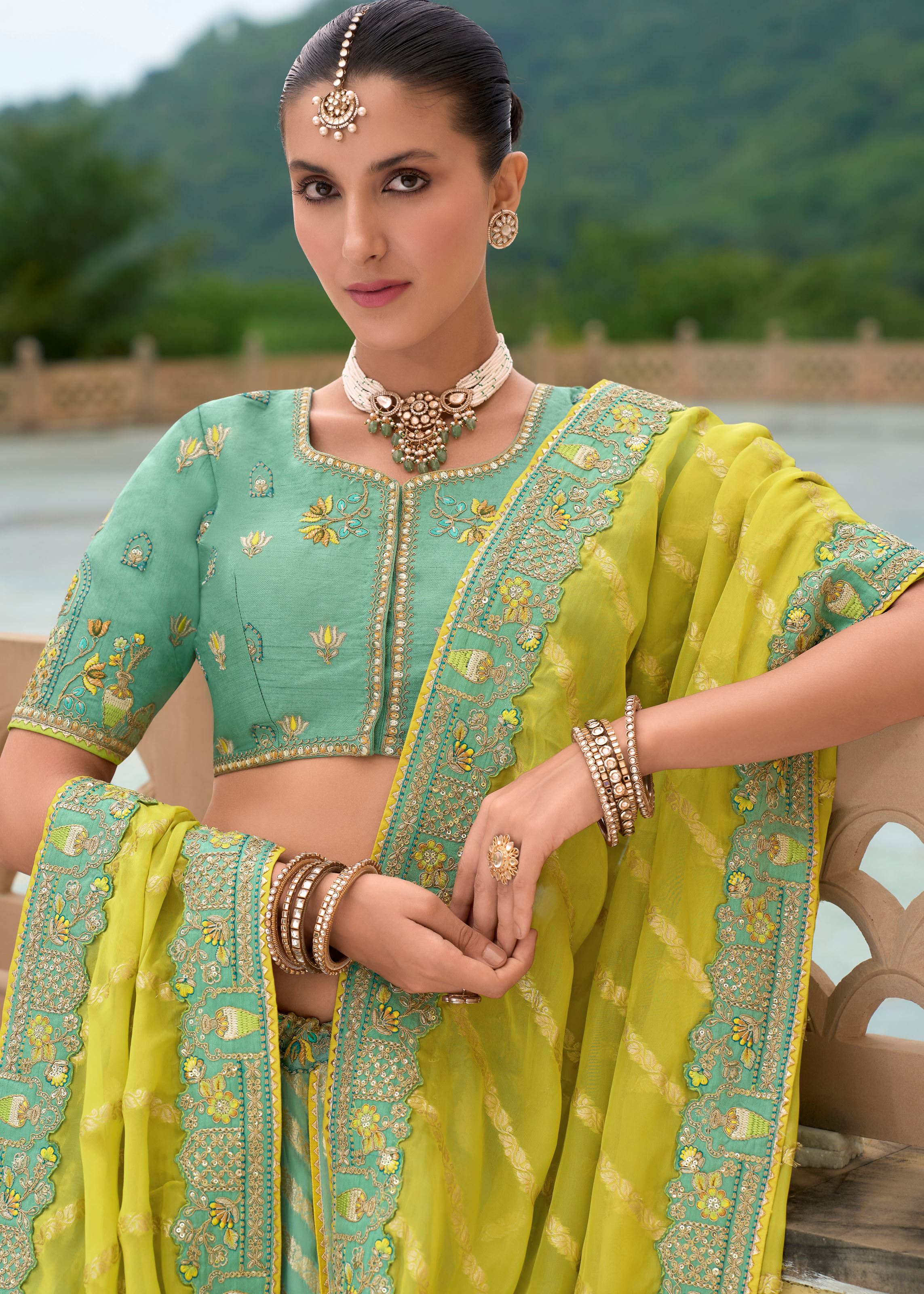 Mint Green Lehenga Choli With Heavy Thread Embroidery, Khatli With Sequins Work