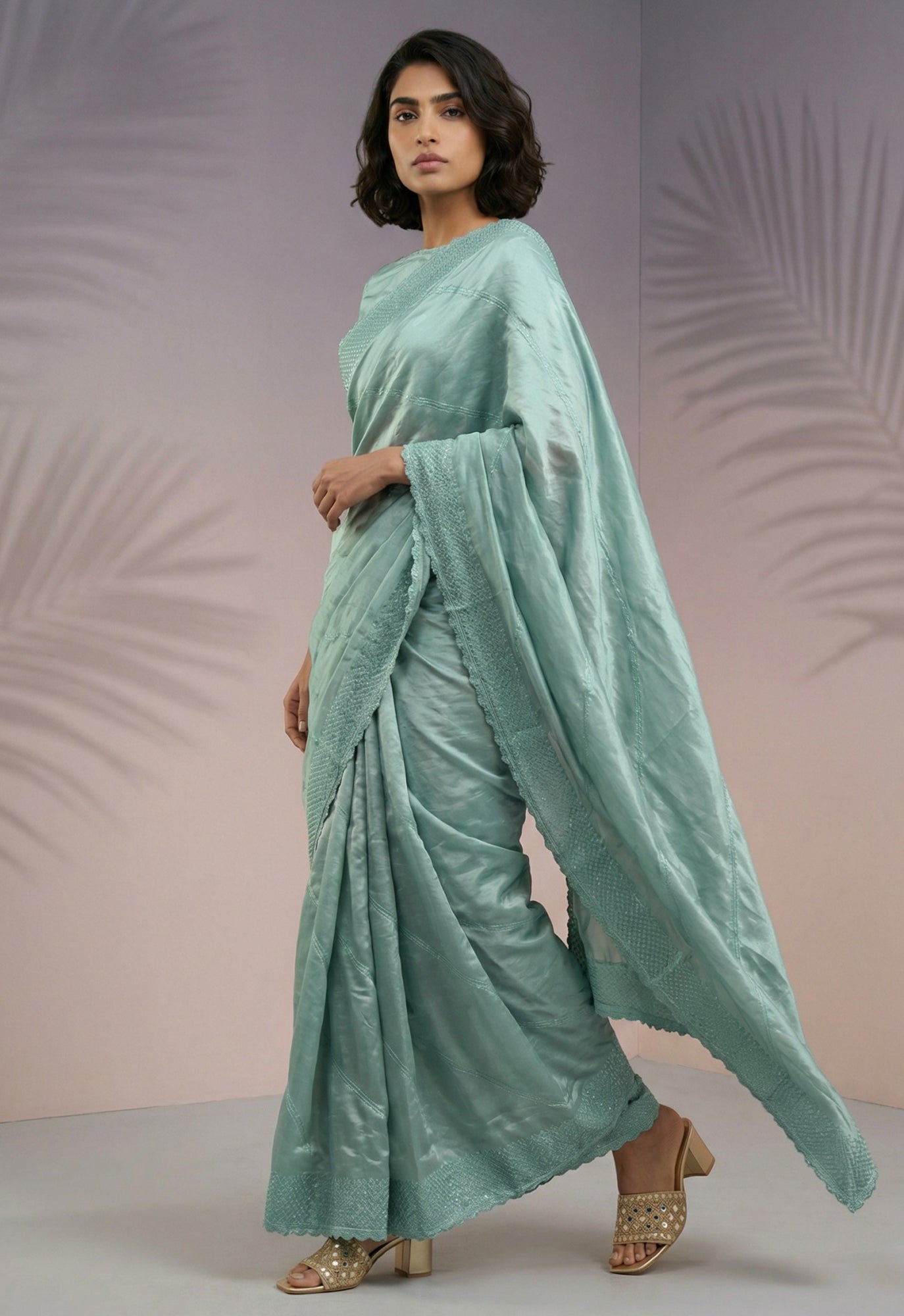 Mint Green Rasberry Silk Saree with Heavy Thread Sequins Detailing