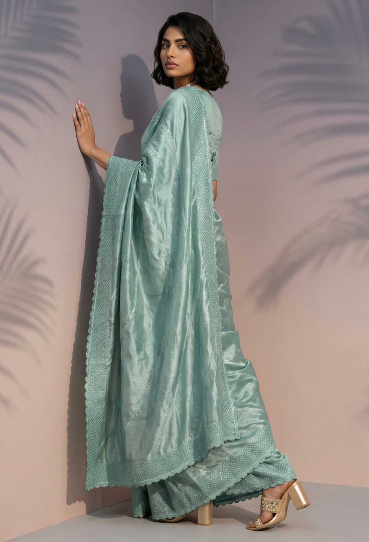 Mint Green Rasberry Silk Saree with Heavy Thread Sequins Detailing