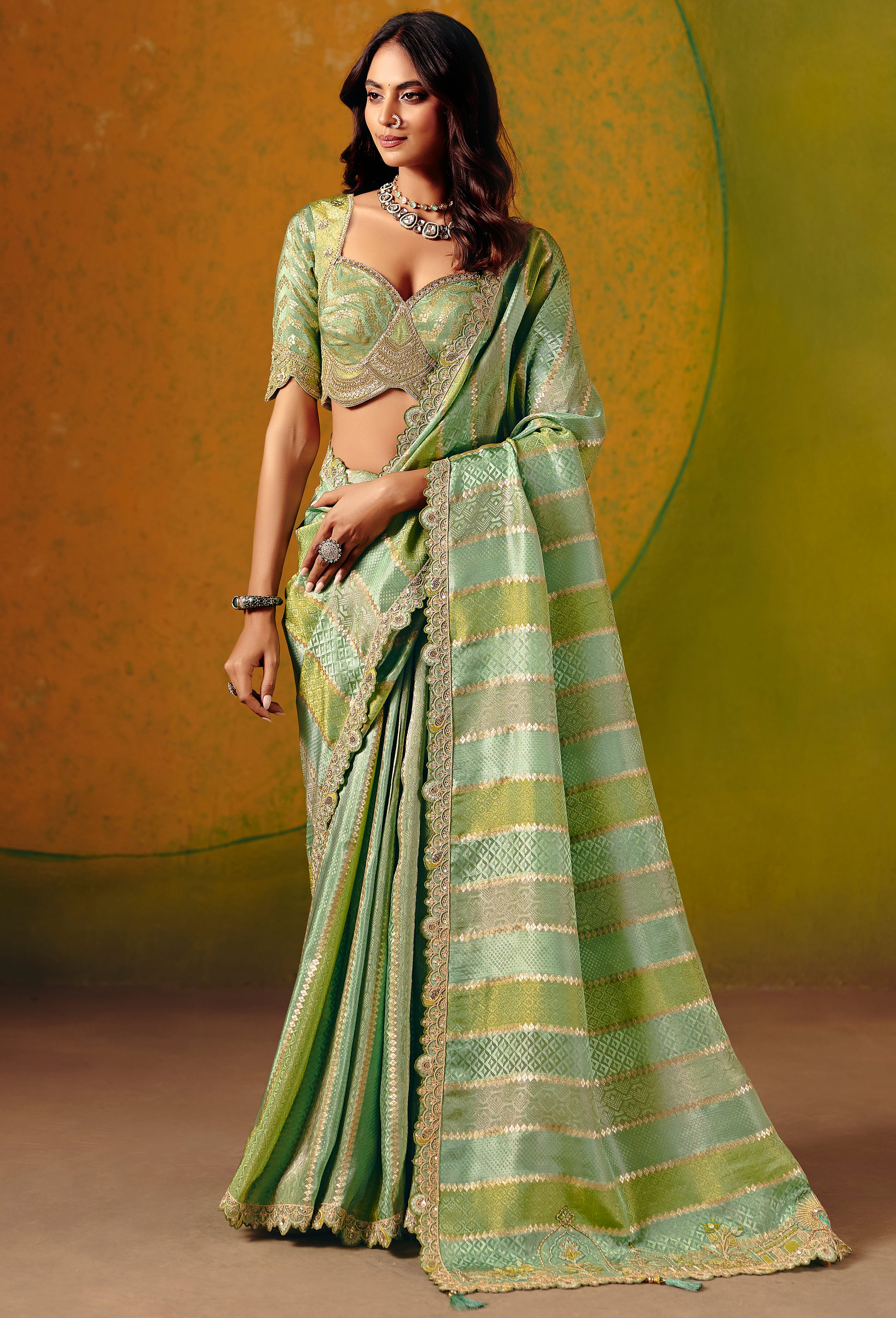 Mint Green Saree With  Jacquard Woven With Fancy Work Border