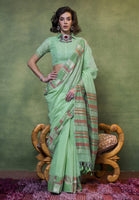 Mint Green Spun Cotton Saree With  Jacquard Woven Work