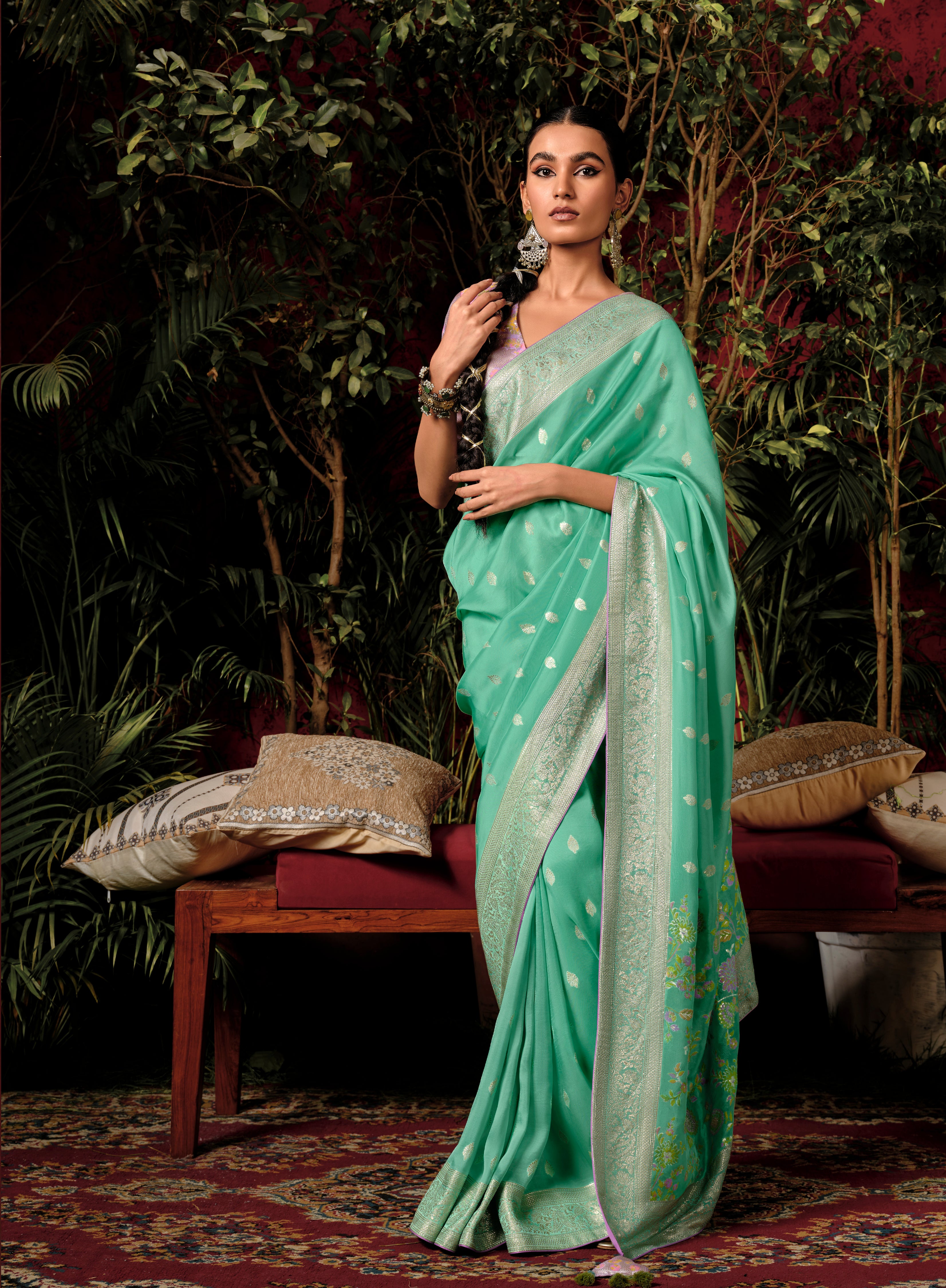 MintGreen Viscose Silk Saree With  Jacquard Woven Work