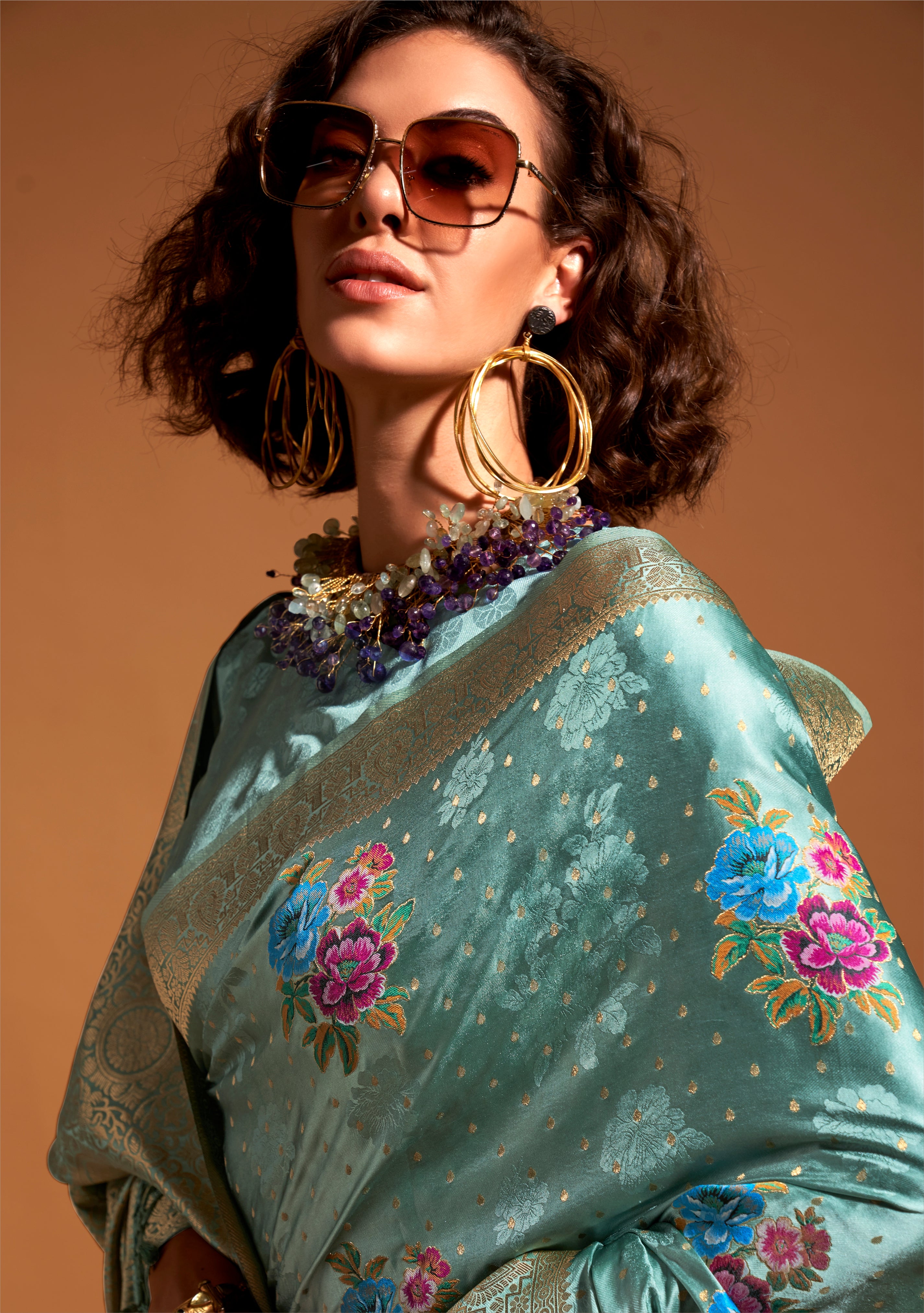 Mint Multi Color Flower Jacquard Woven Saree