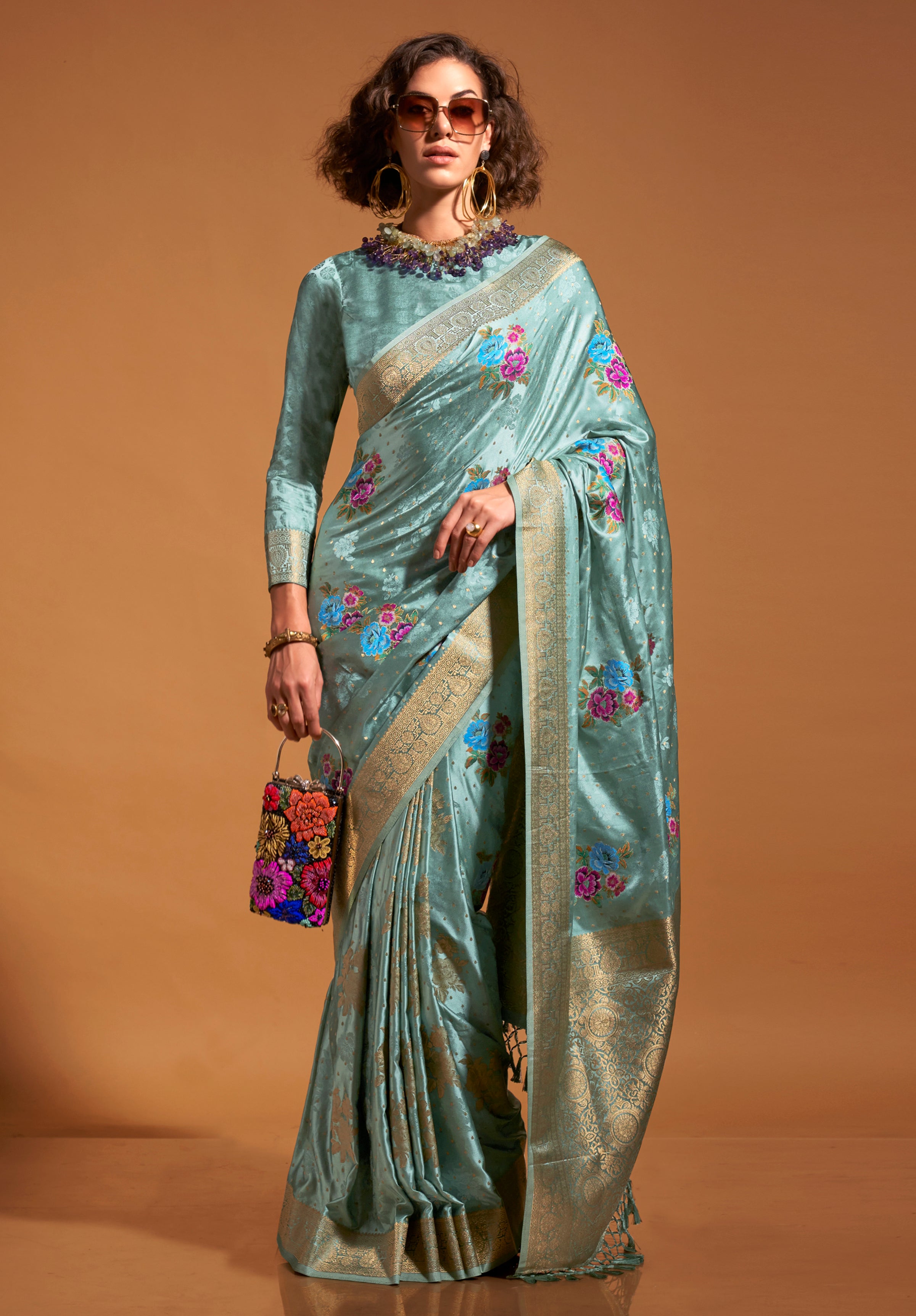 Mint Multi Color Flower Jacquard Woven Saree
