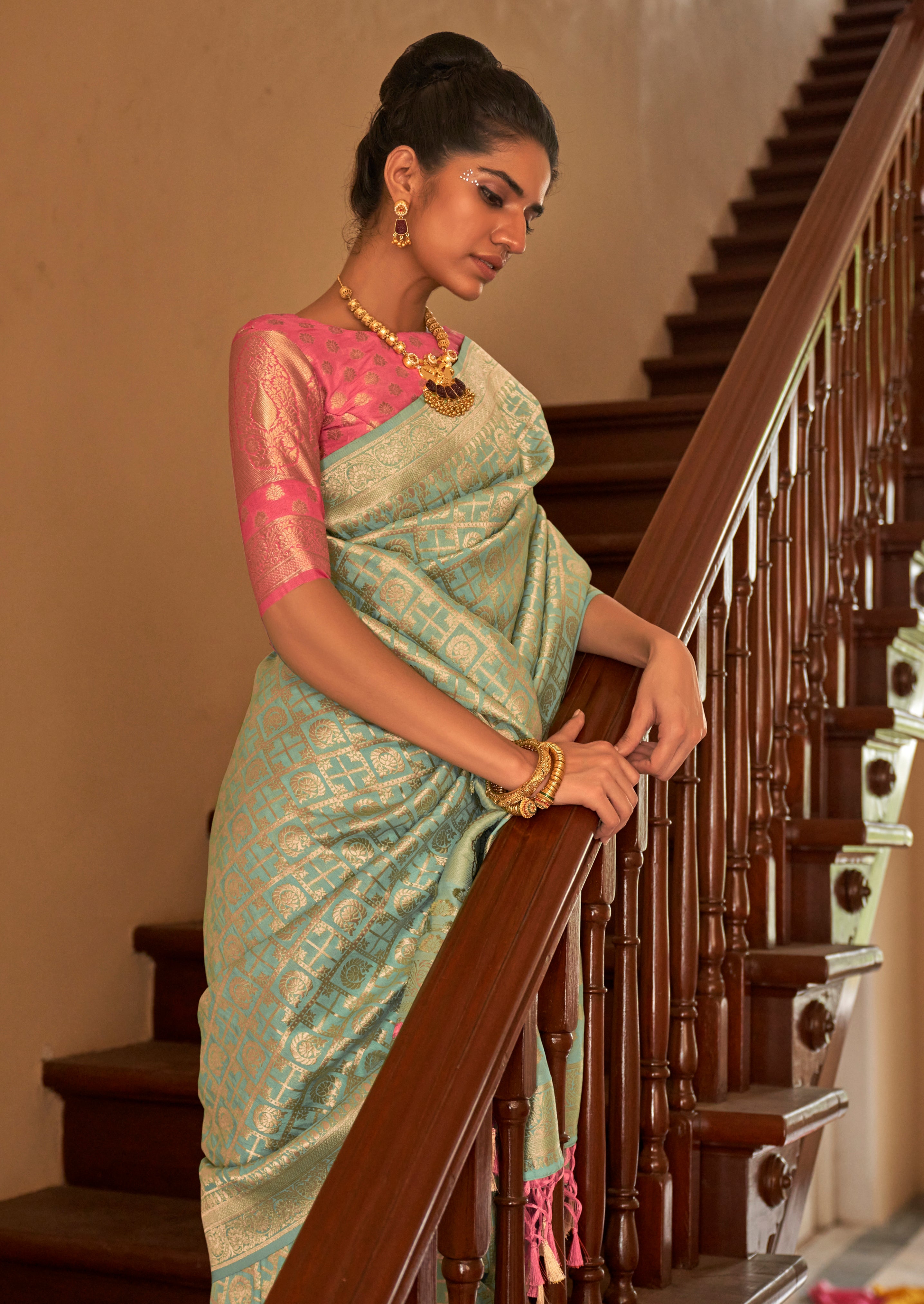 Mint Nylon Saree With  Jacquard Woven Work