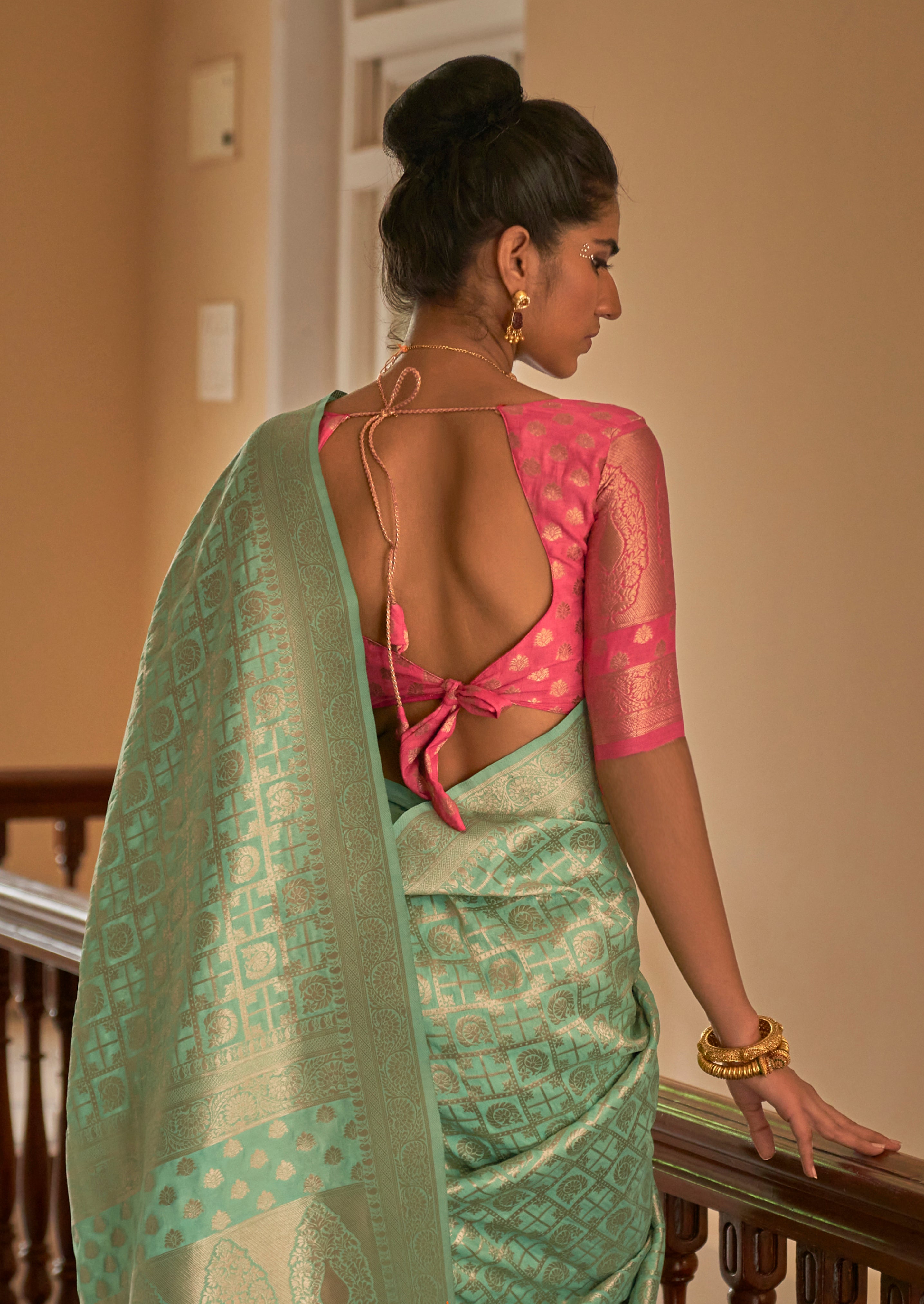 Mint Nylon Saree With  Jacquard Woven Work