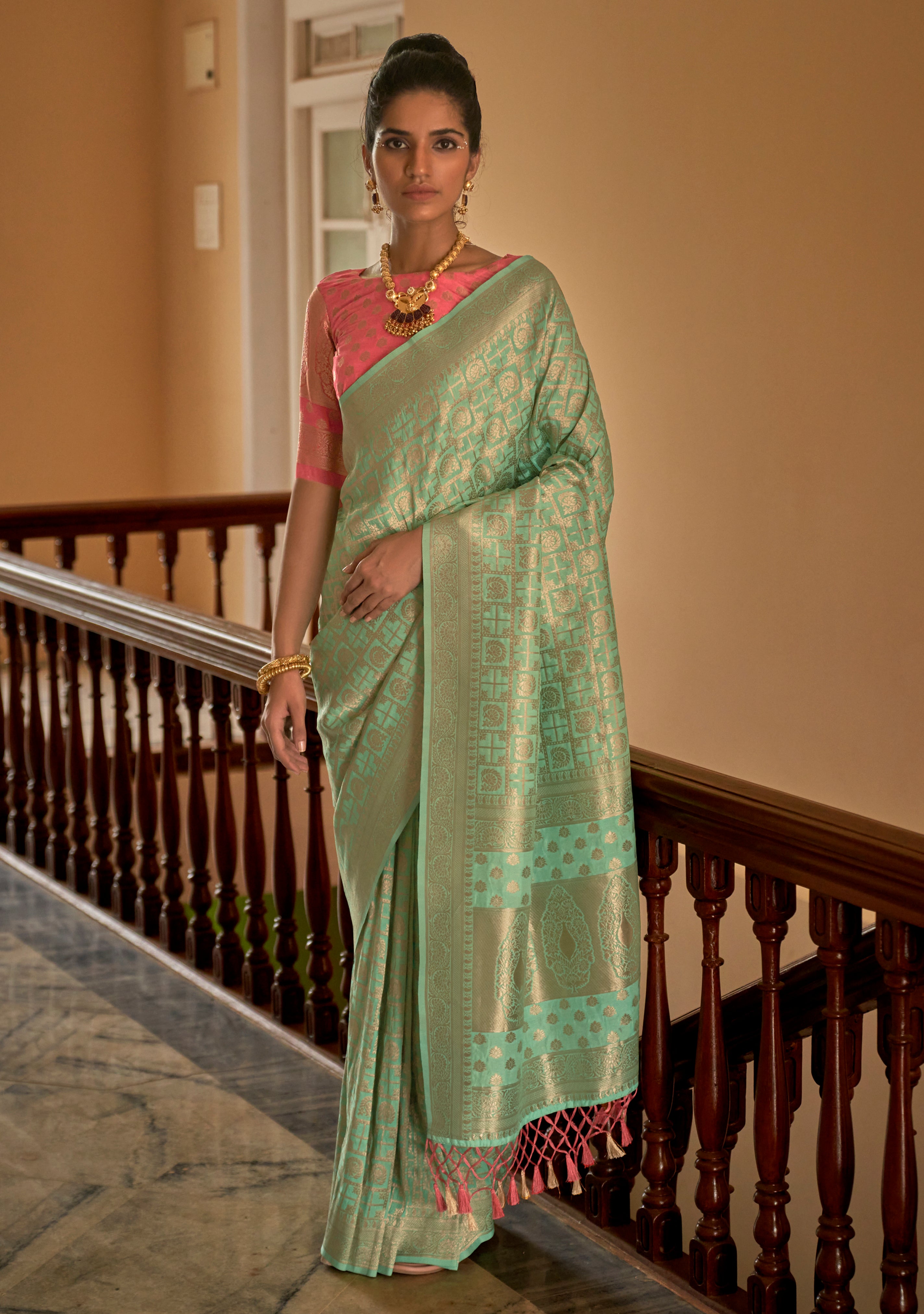 Mint Nylon Saree With  Jacquard Woven Work