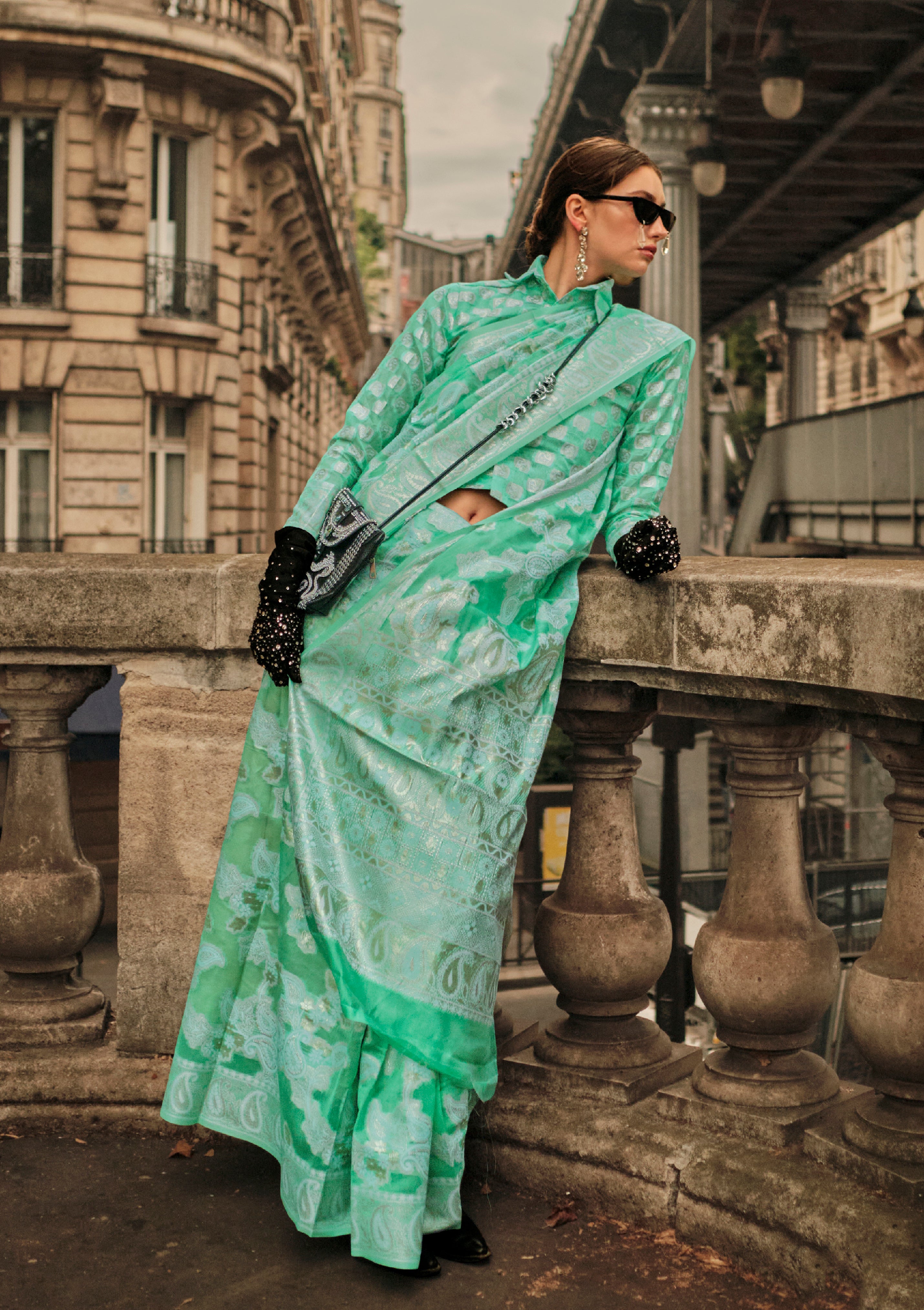 Mint Organza Saree With Jacquard Woven Chikankari Work