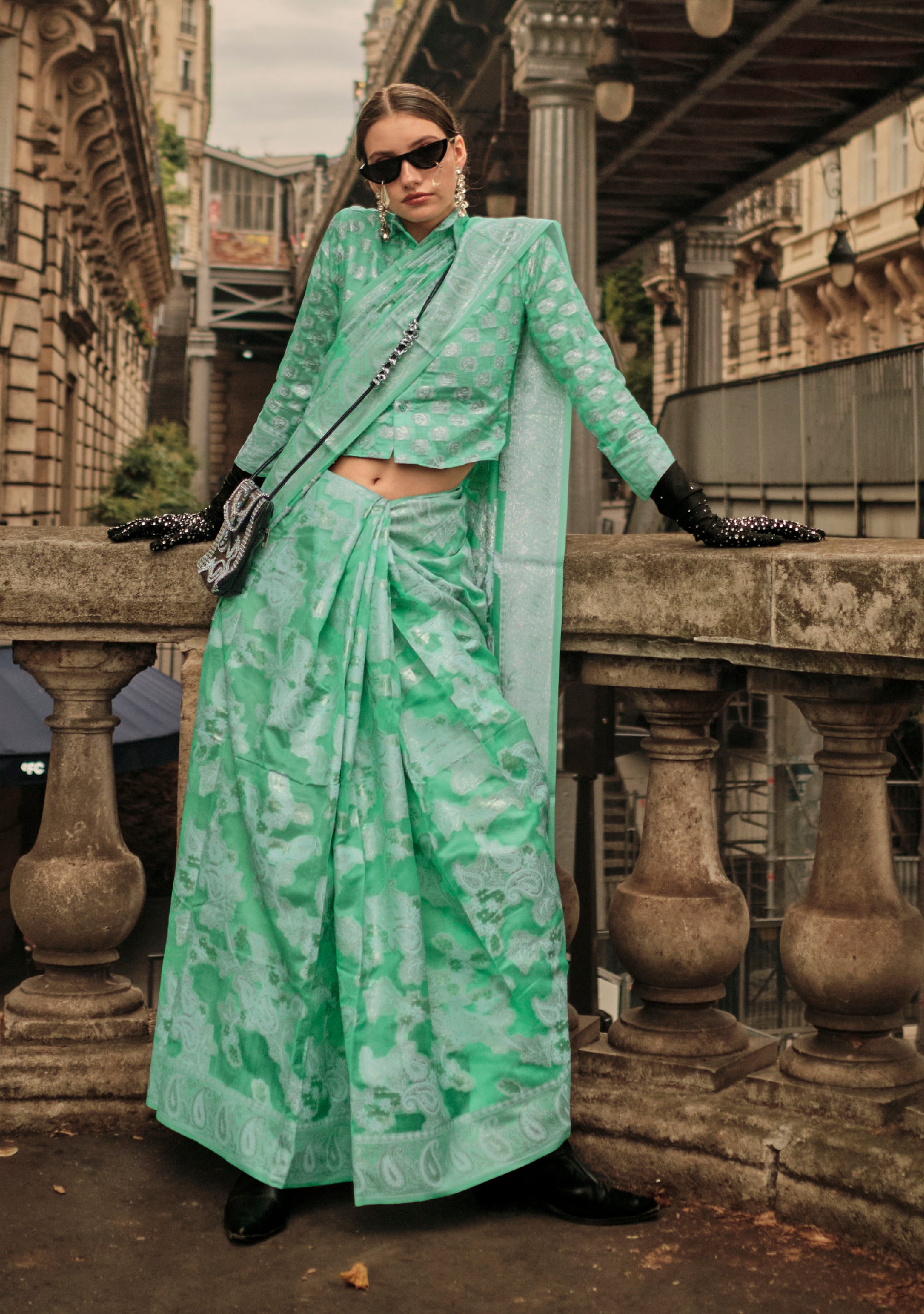 Mint Organza Saree With Jacquard Woven Chikankari Work