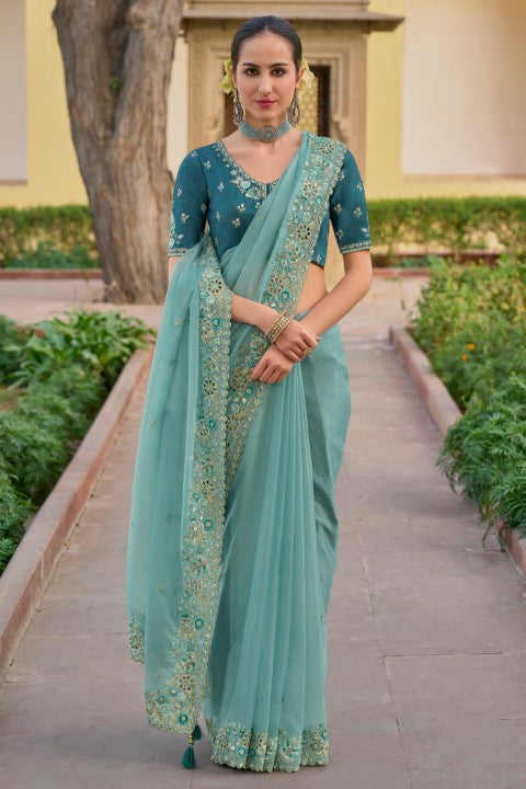 Mint Organza Silk Saree With  Heavy Thread Embroidery With Sequins Work
