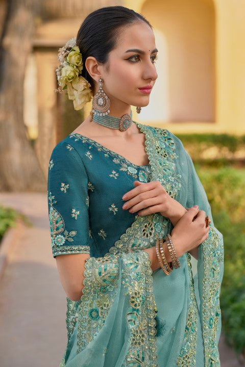 Mint Organza Silk Saree With  Heavy Thread Embroidery With Sequins Work