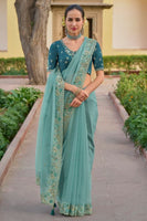 Mint Organza Silk Saree With  Heavy Thread Embroidery With Sequins Work