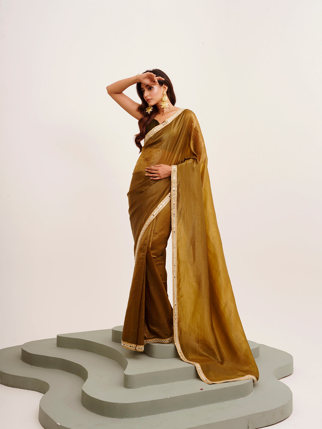 Mirror Work Embellished Mehandi Green Tissue Rich Ceremonial Saree