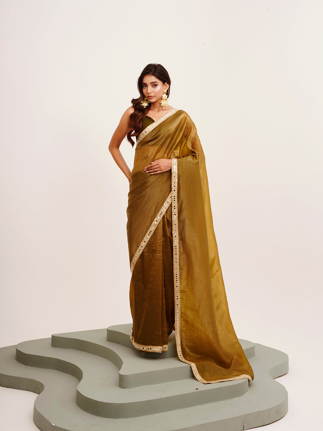 Mirror Work Embellished Mehandi Green Tissue Rich Ceremonial Saree