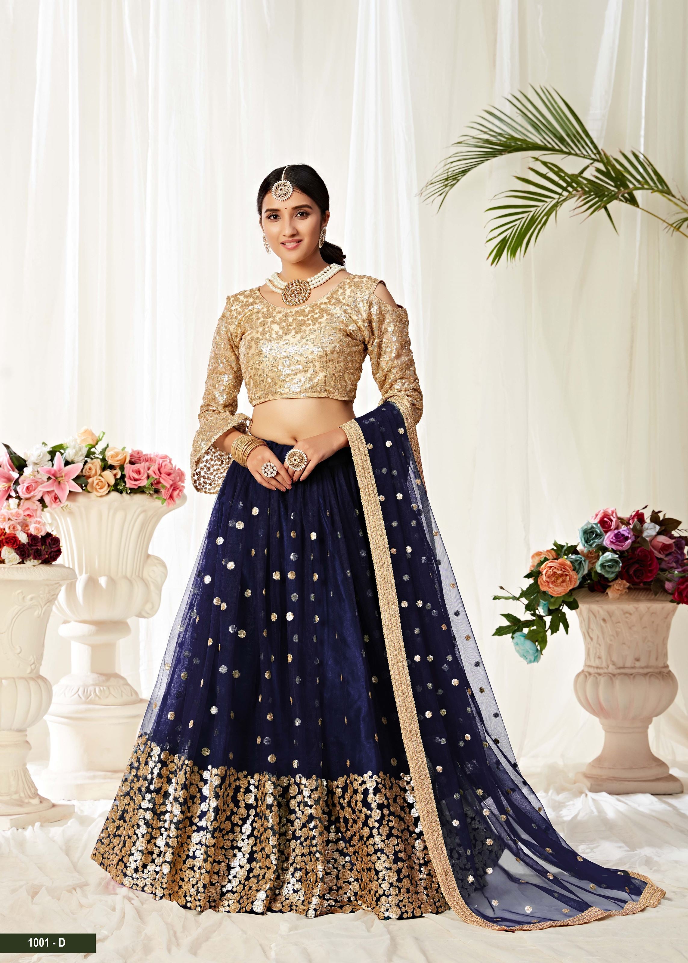 Morepeach And Golden Lehenga Choli With Sequins And Thread Embroidered Work