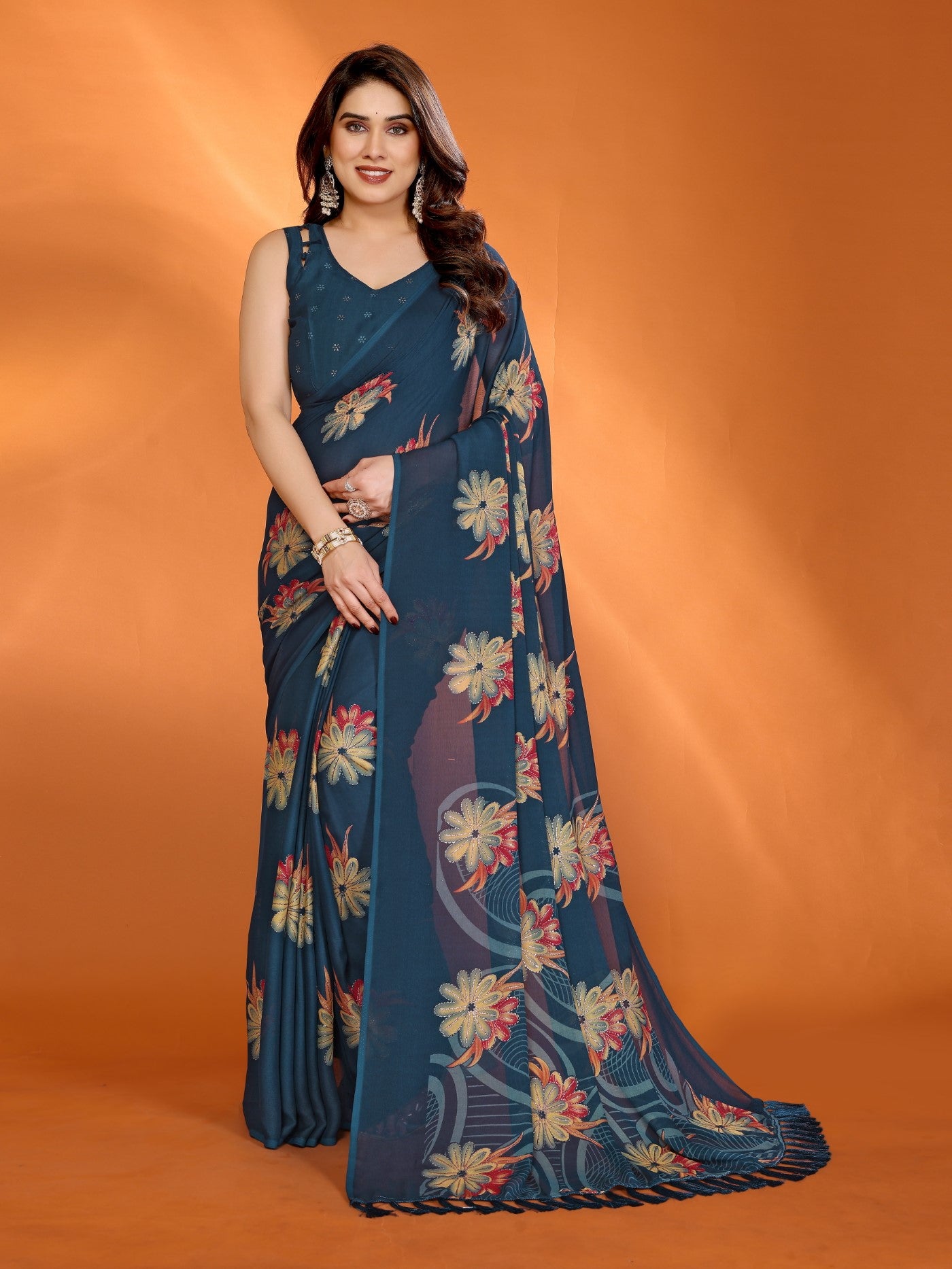 Morpich Bright Moss Satin Patta Saree With Printed Design