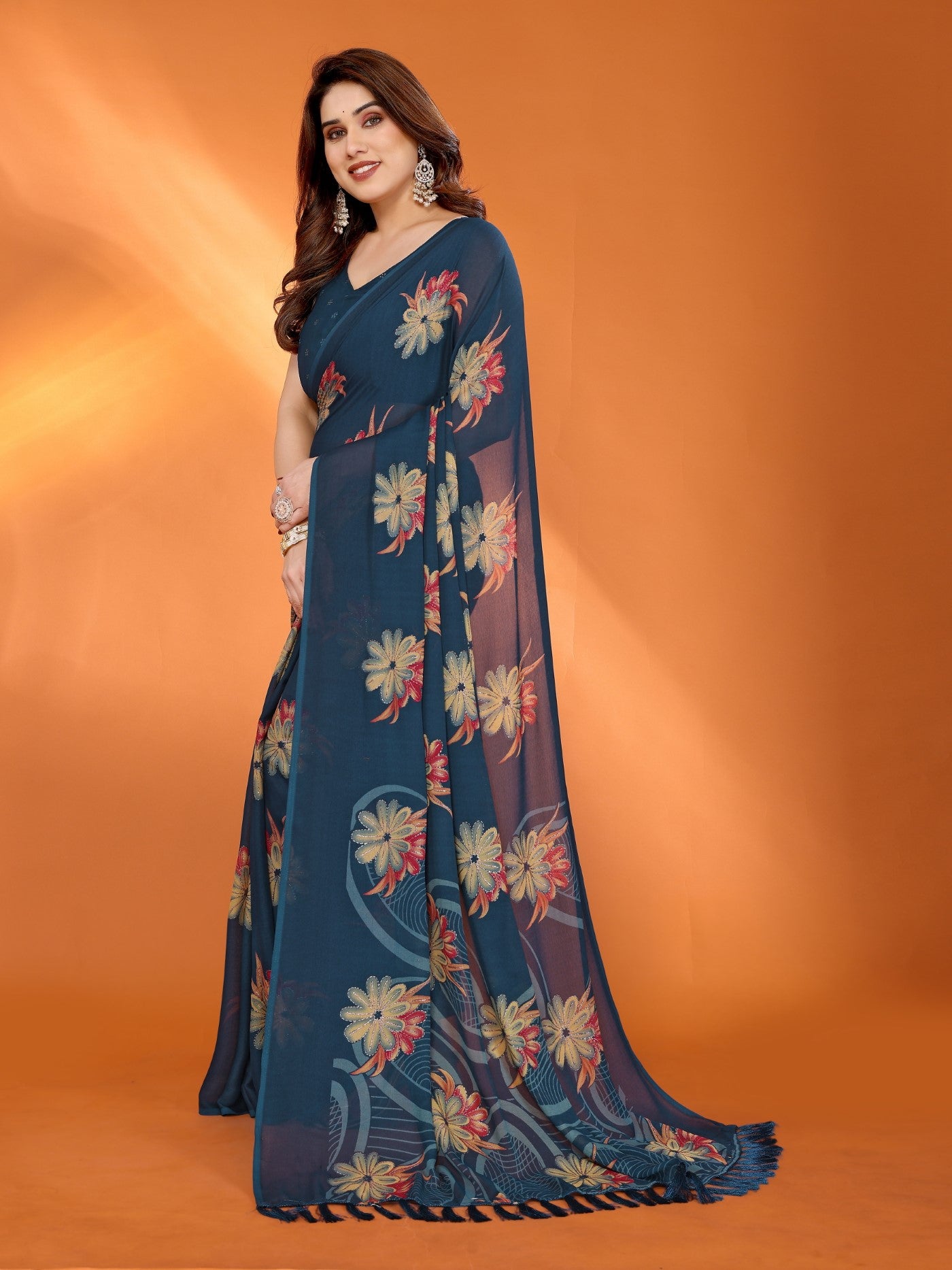 Morpich Bright Moss Satin Patta Saree With Printed Design