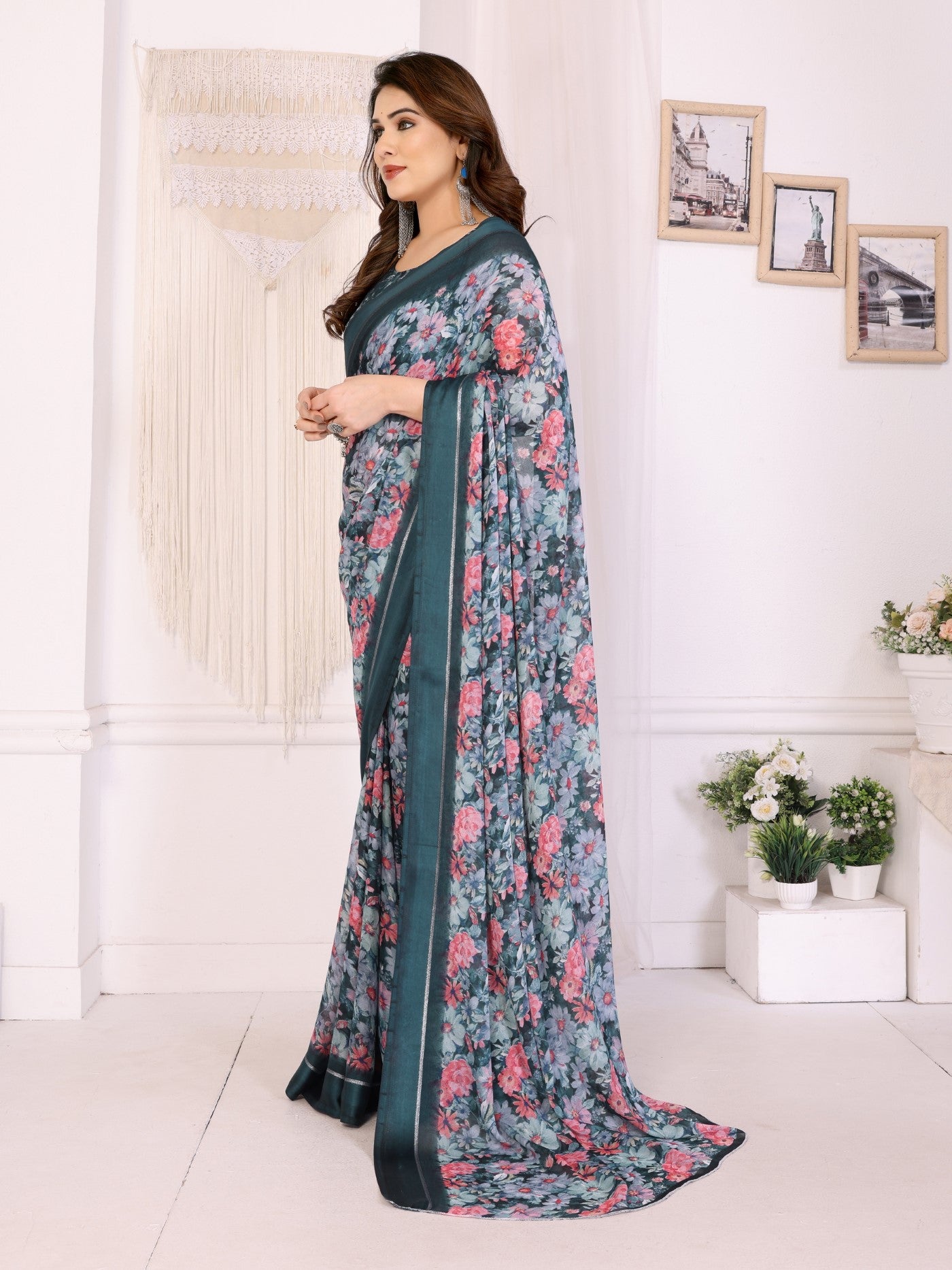 Morpich Bright Moss Satin Patta Saree With Printed Design