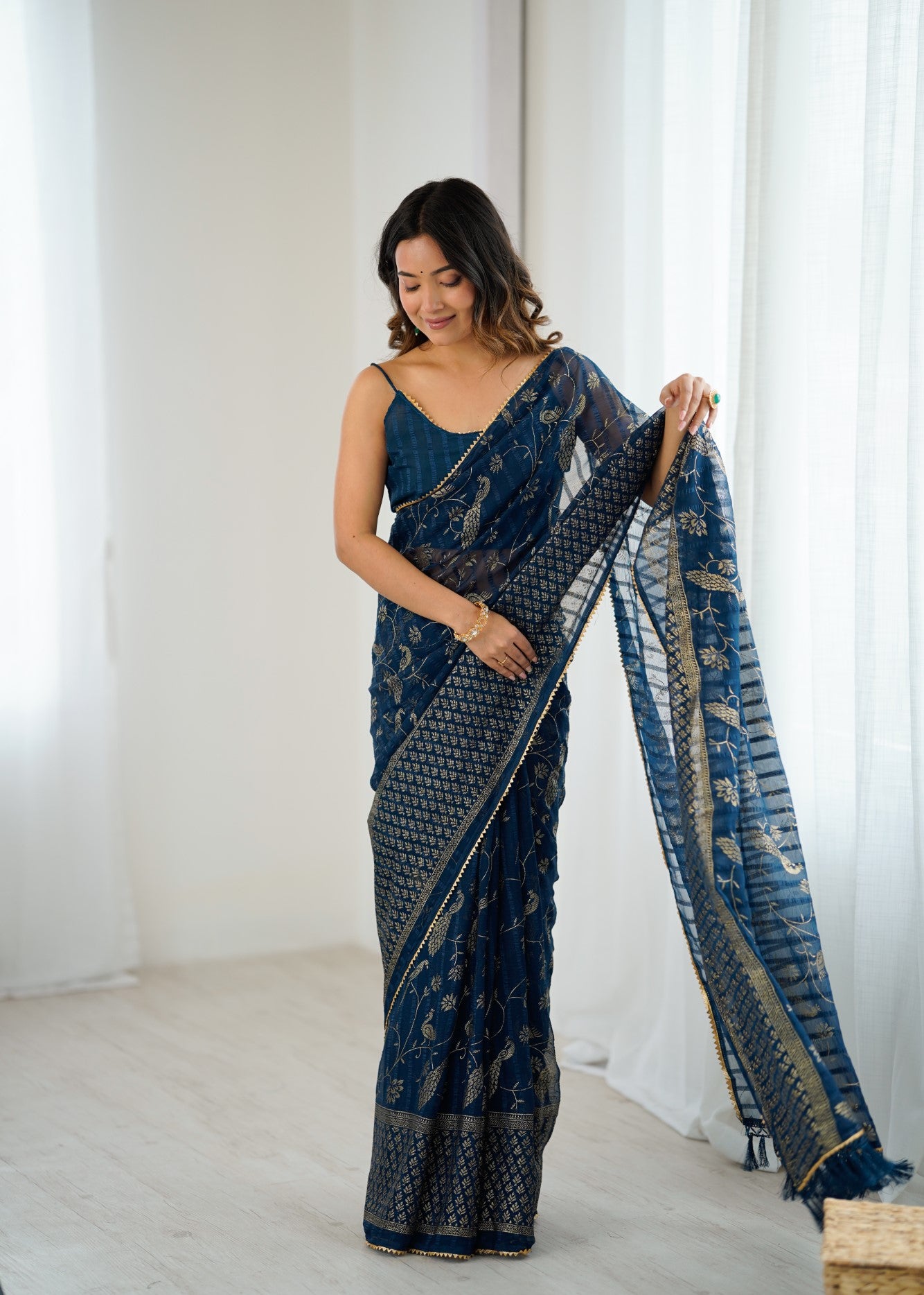 Morpich Georgette Patta Saree With Foil Work And Lace Border