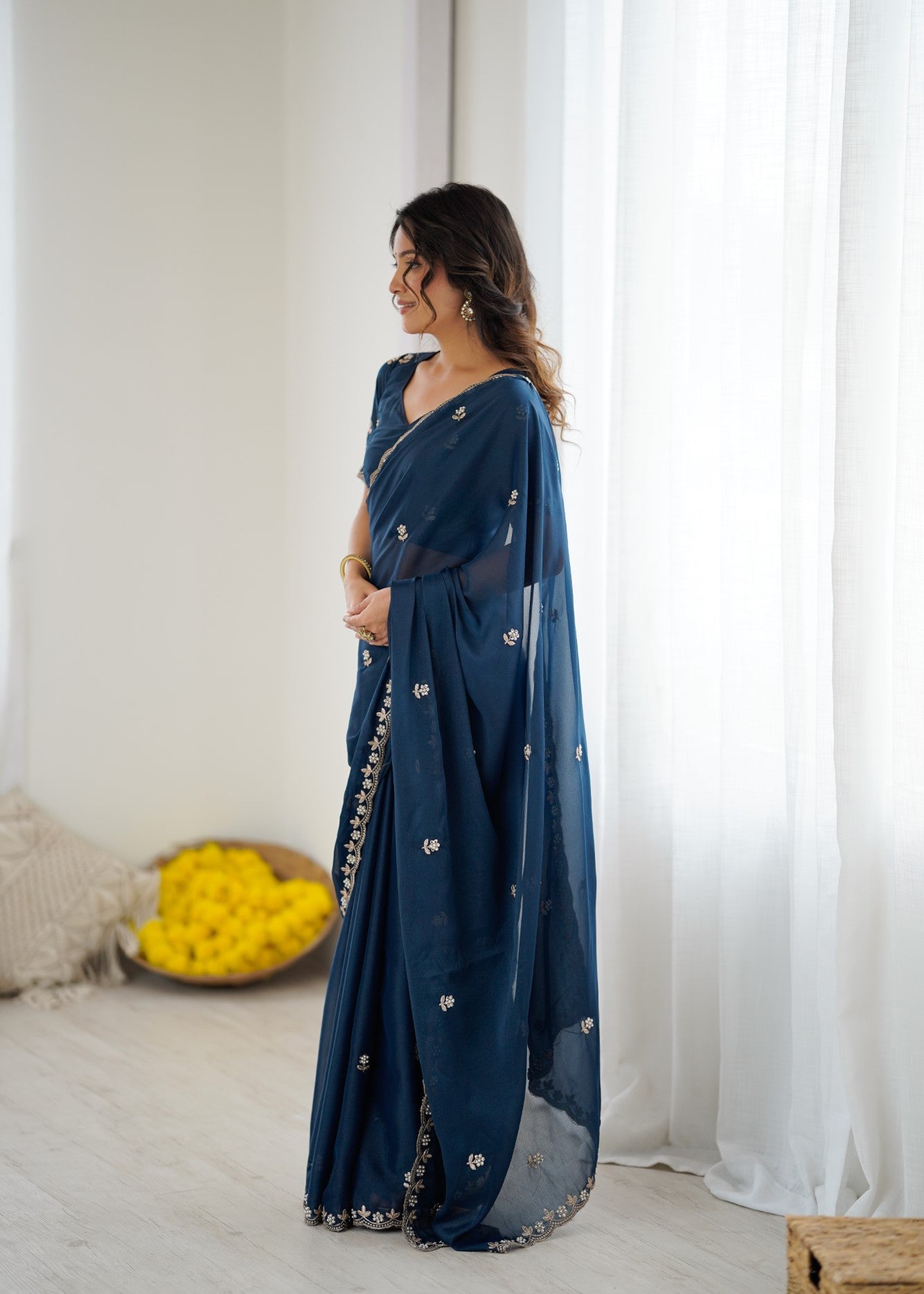 Morpich Star Georgette Saree With Embroidery And Moti Work With Blouse