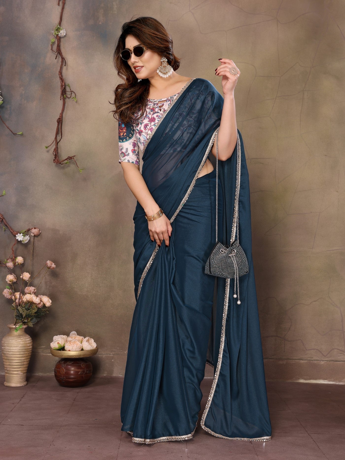 Morpich Star Georgette Saree With Mirror Border Design