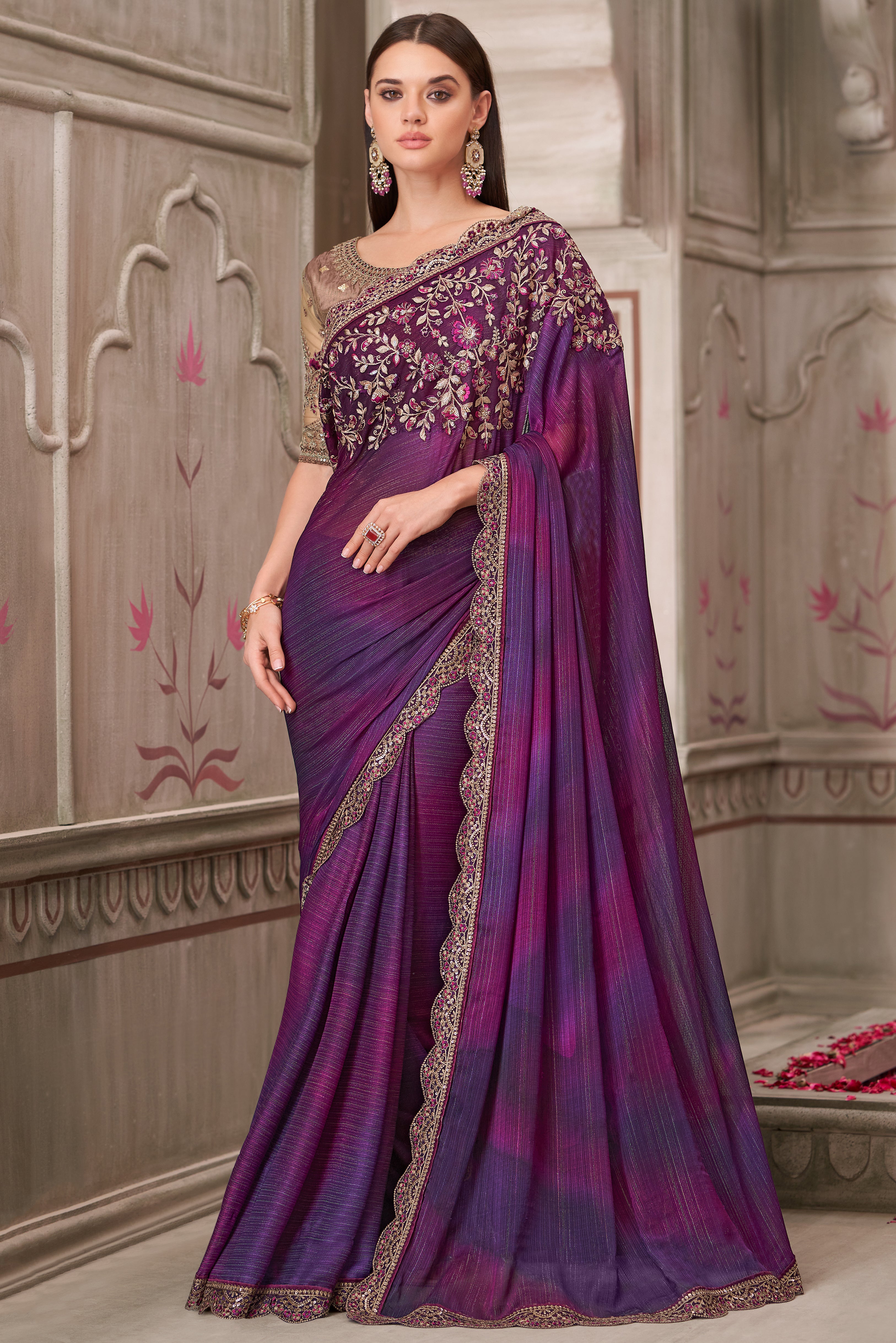 Mulberry Saree With  Heavy Thread Embroidery Sequins Border Work With Embroidery Blouse