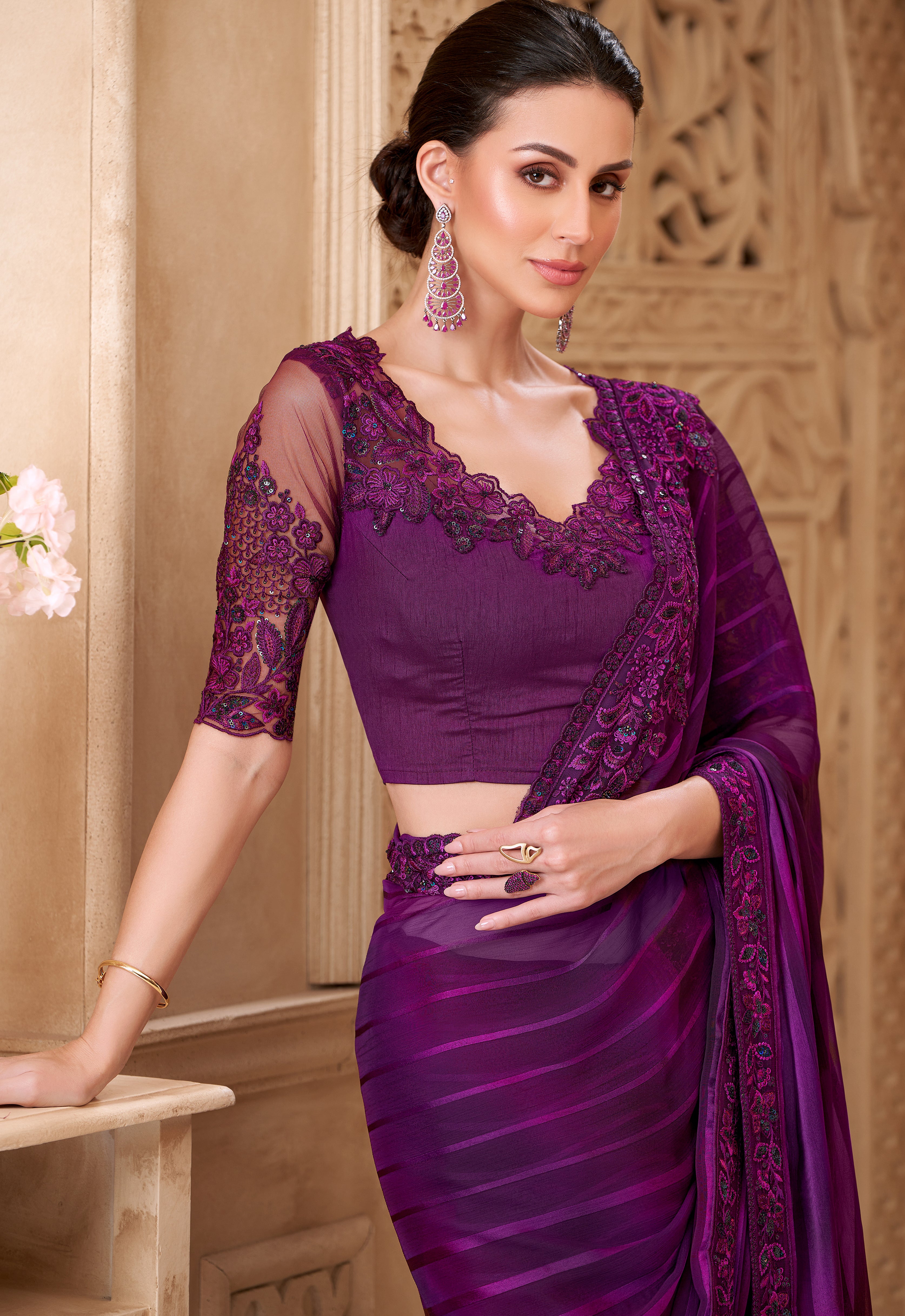 Mulberry Saree With  Heavy Thread Embroidery Sequins Border Work With Embroidery Blouse