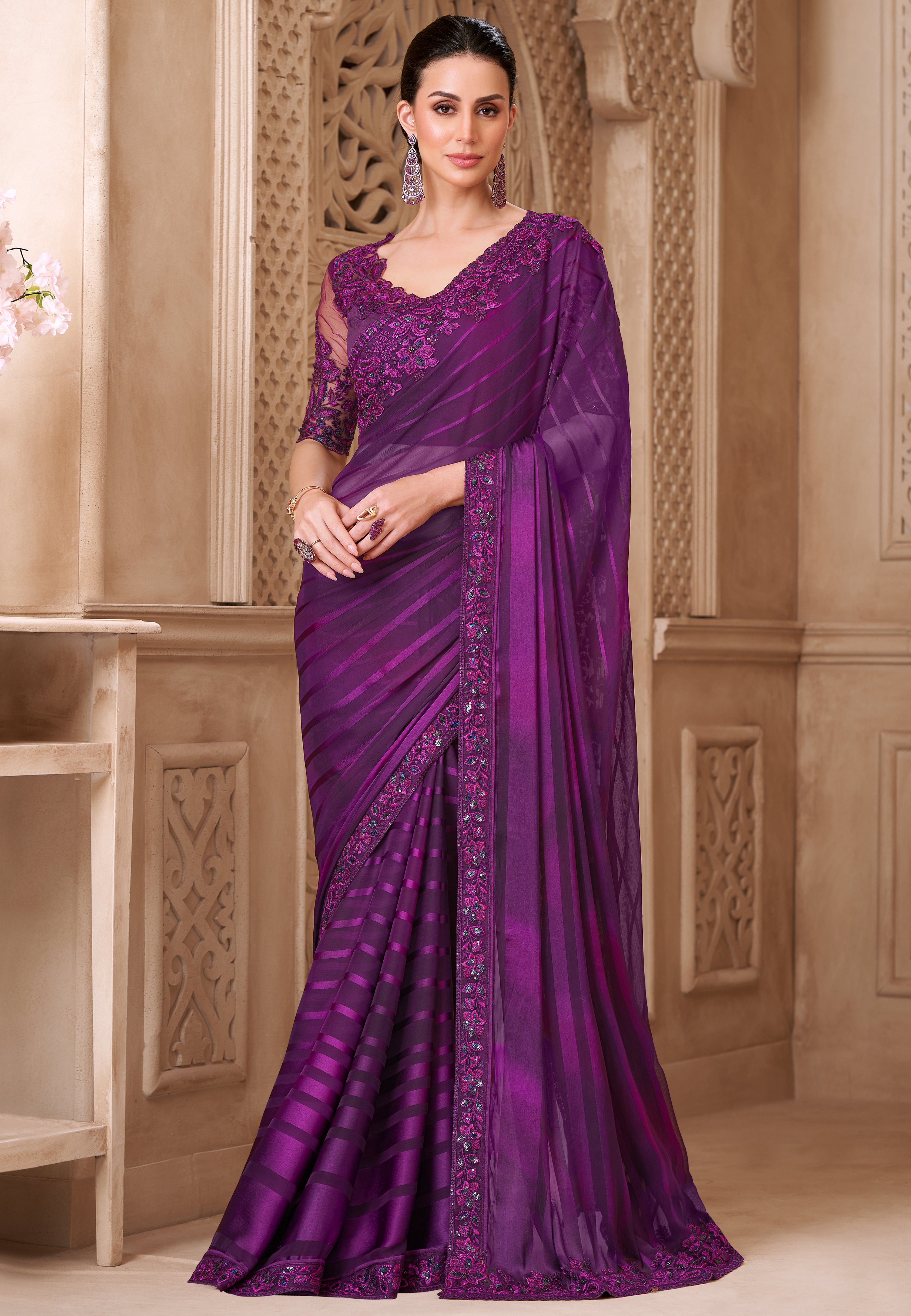 Mulberry Saree With  Heavy Thread Embroidery Sequins Border Work With Embroidery Blouse