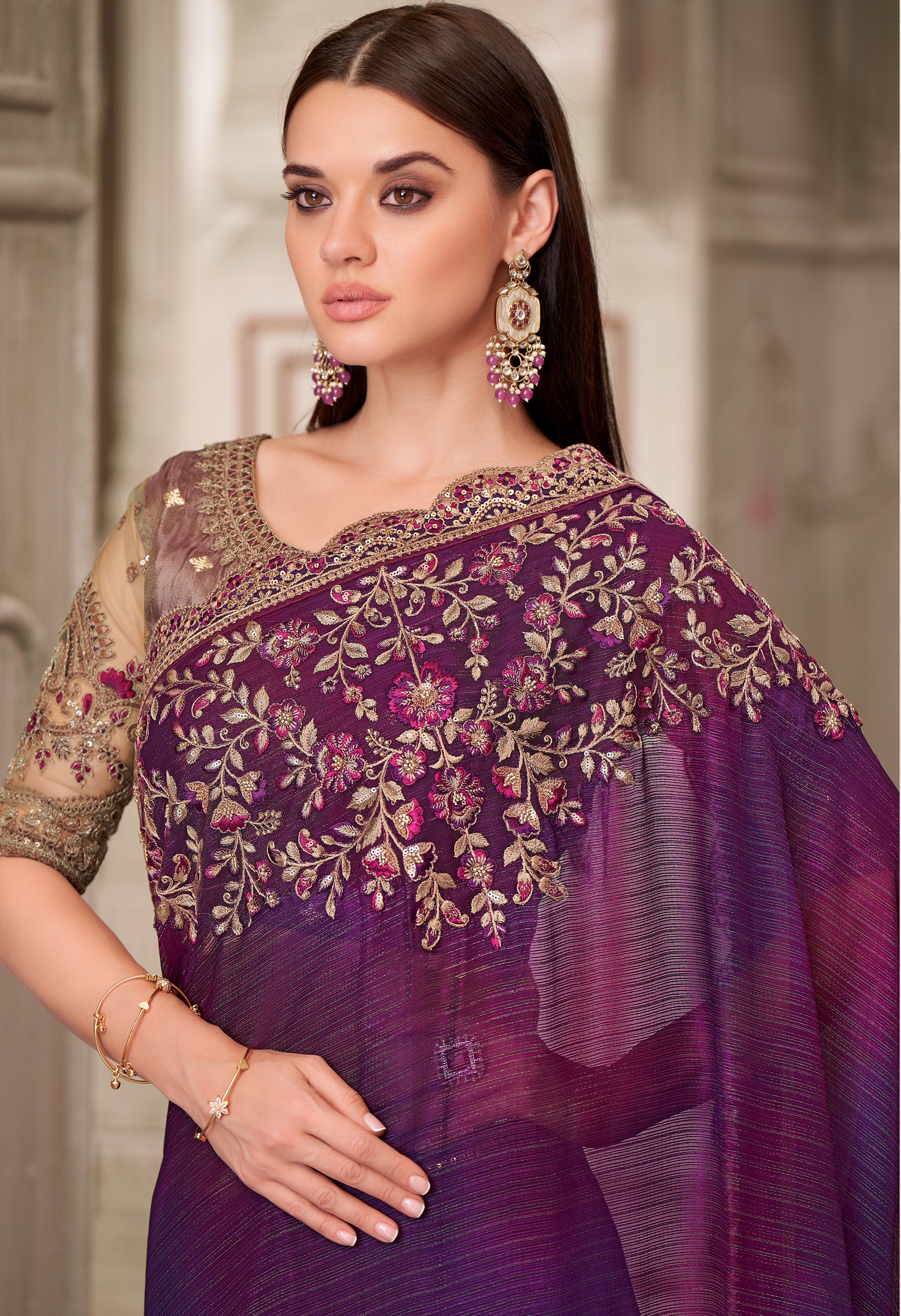 Mulberry Saree With  Heavy Thread Embroidery Sequins Border Work With Embroidery Blouse