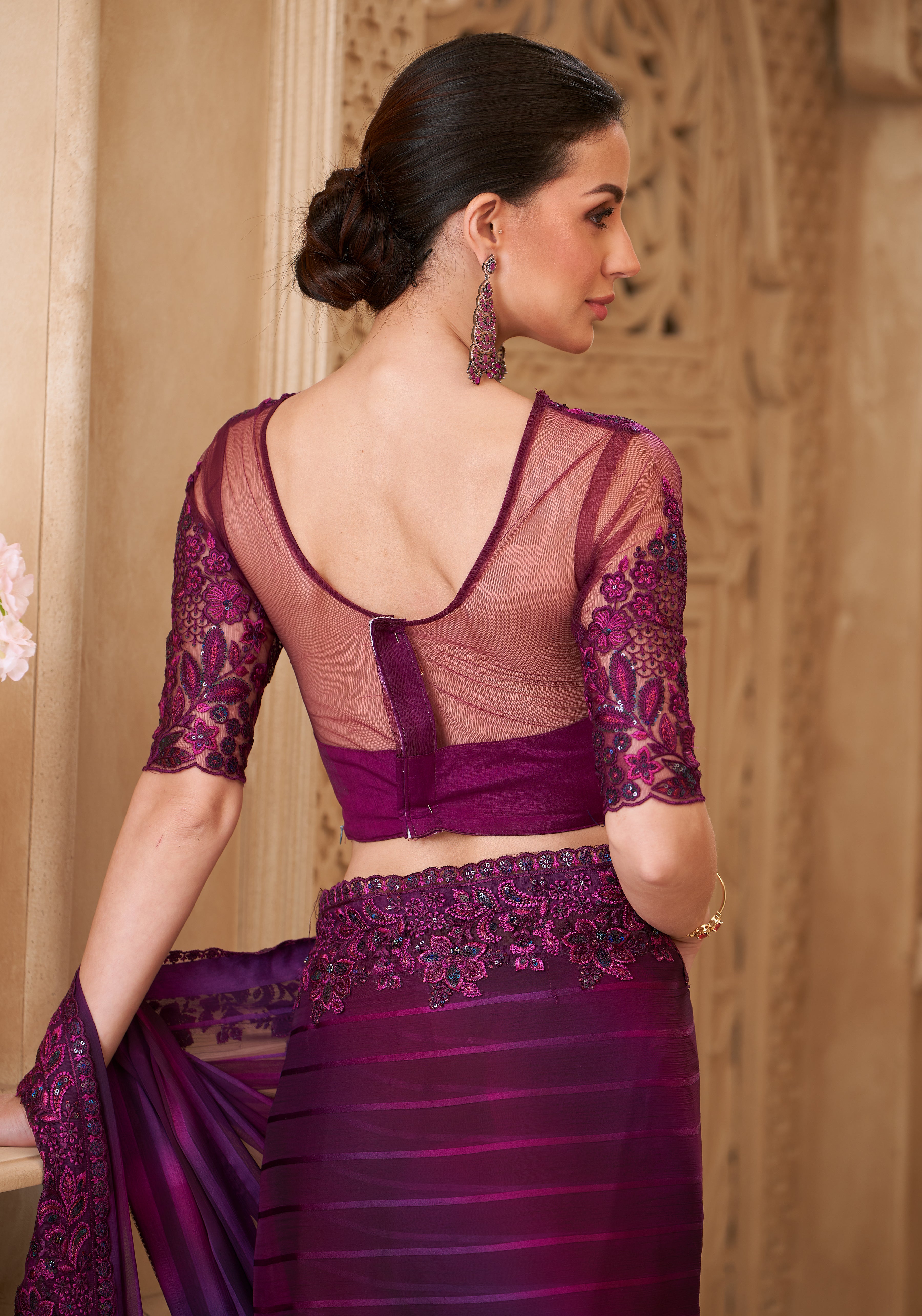 Mulberry Saree With  Heavy Thread Embroidery Sequins Border Work With Embroidery Blouse