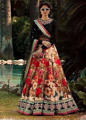 Multi-Color Floral Printed Silk Wedding Lehenga Choli With Dupatta