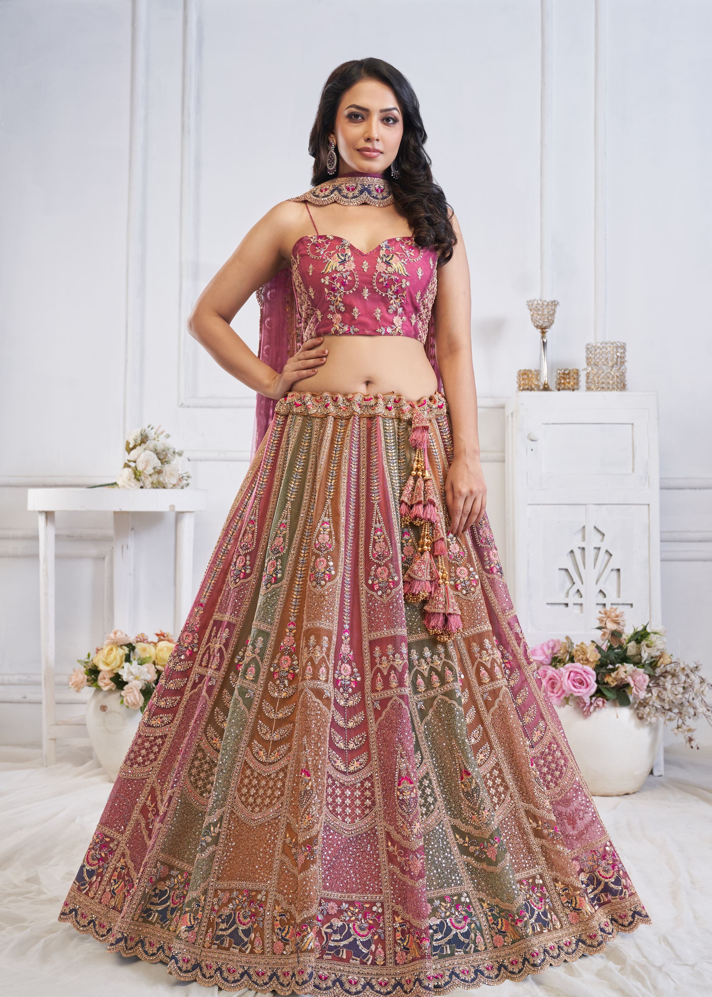 Multi-Onion Majestic Multi-Color Zari Weaving Net Lehenga Choli With Dupatta