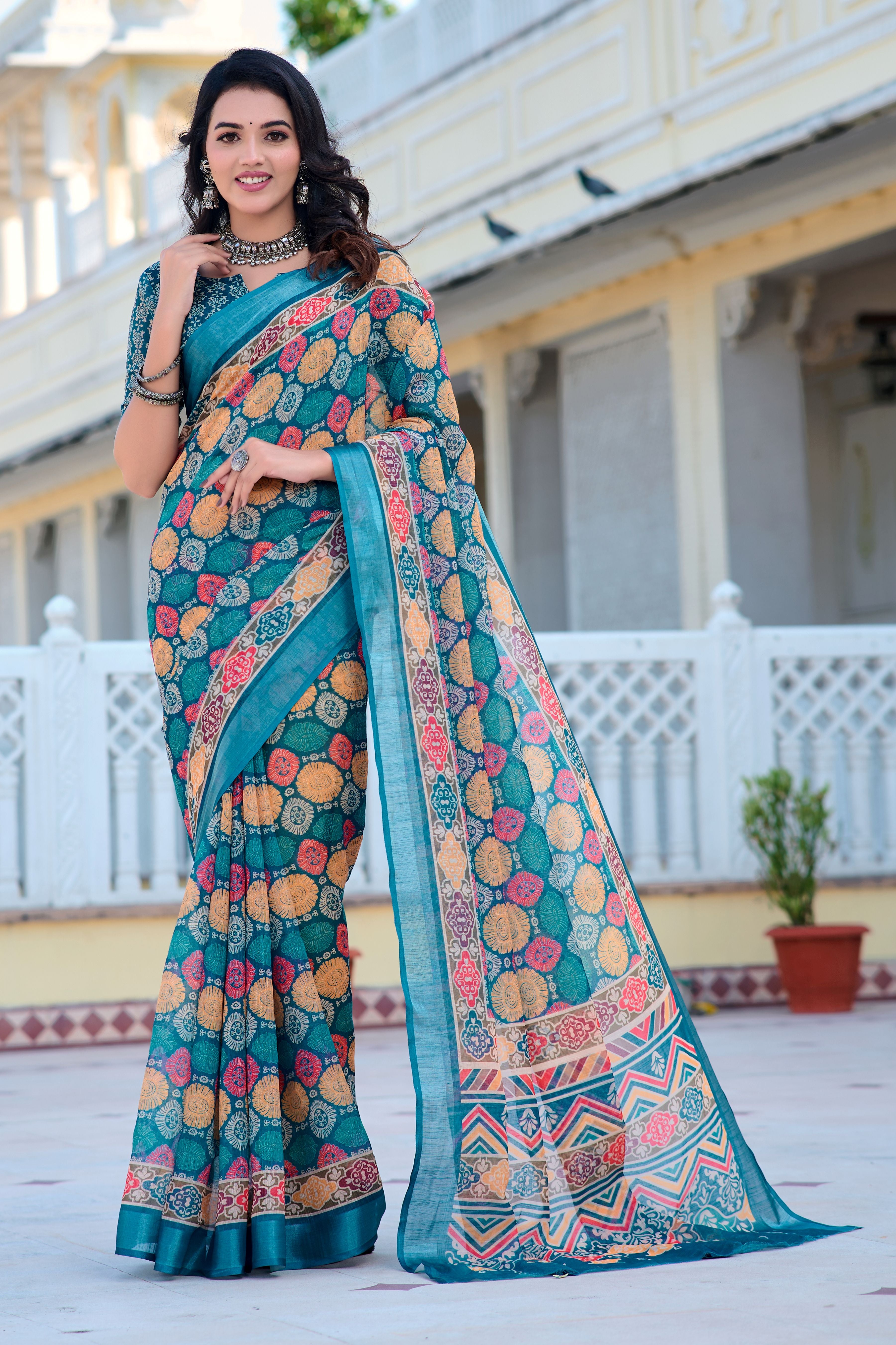 Multi Beautiful Linen Cotton Designer Festive Wear Saree