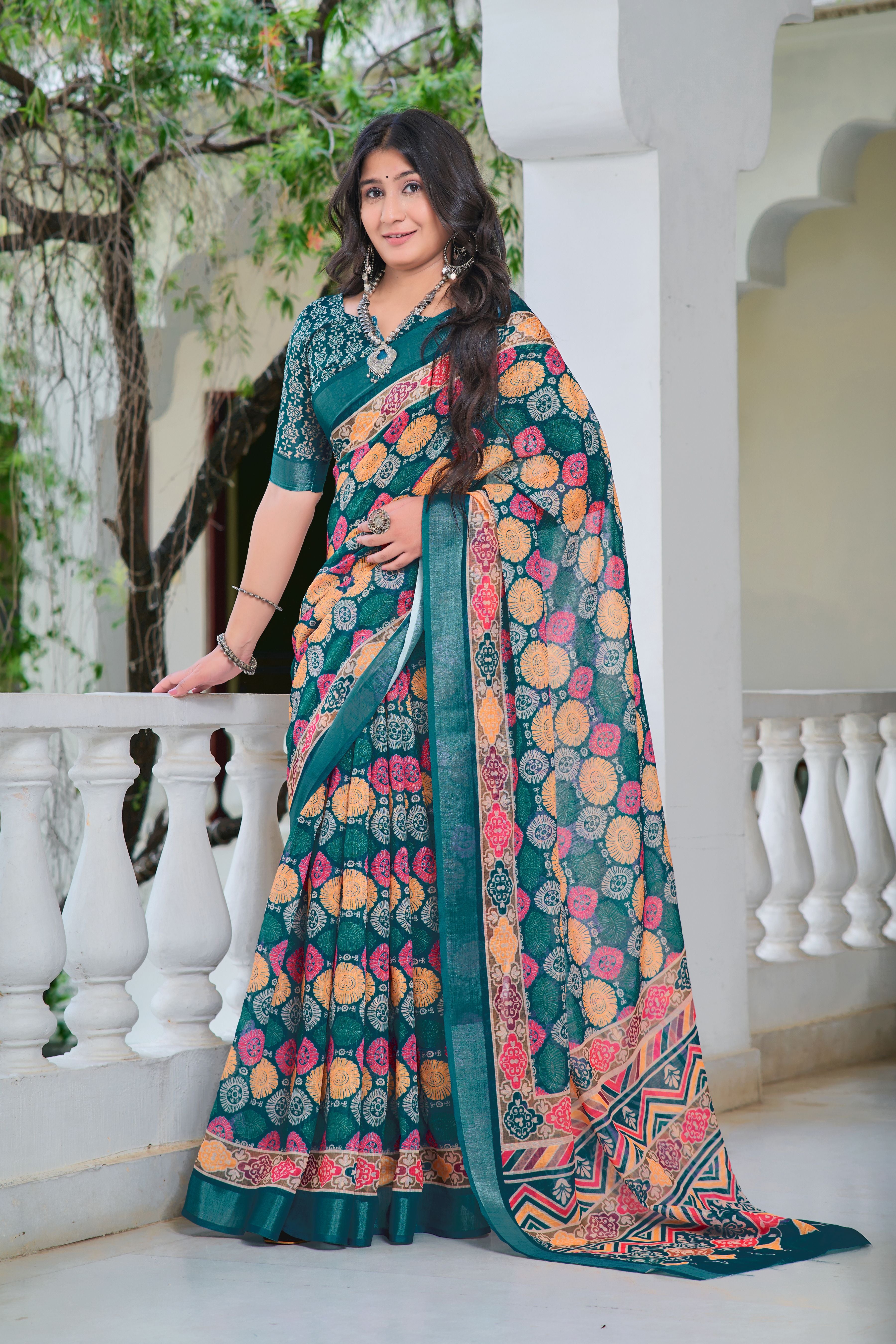 Multi Beautiful Linen Cotton Designer Festive Wear Saree