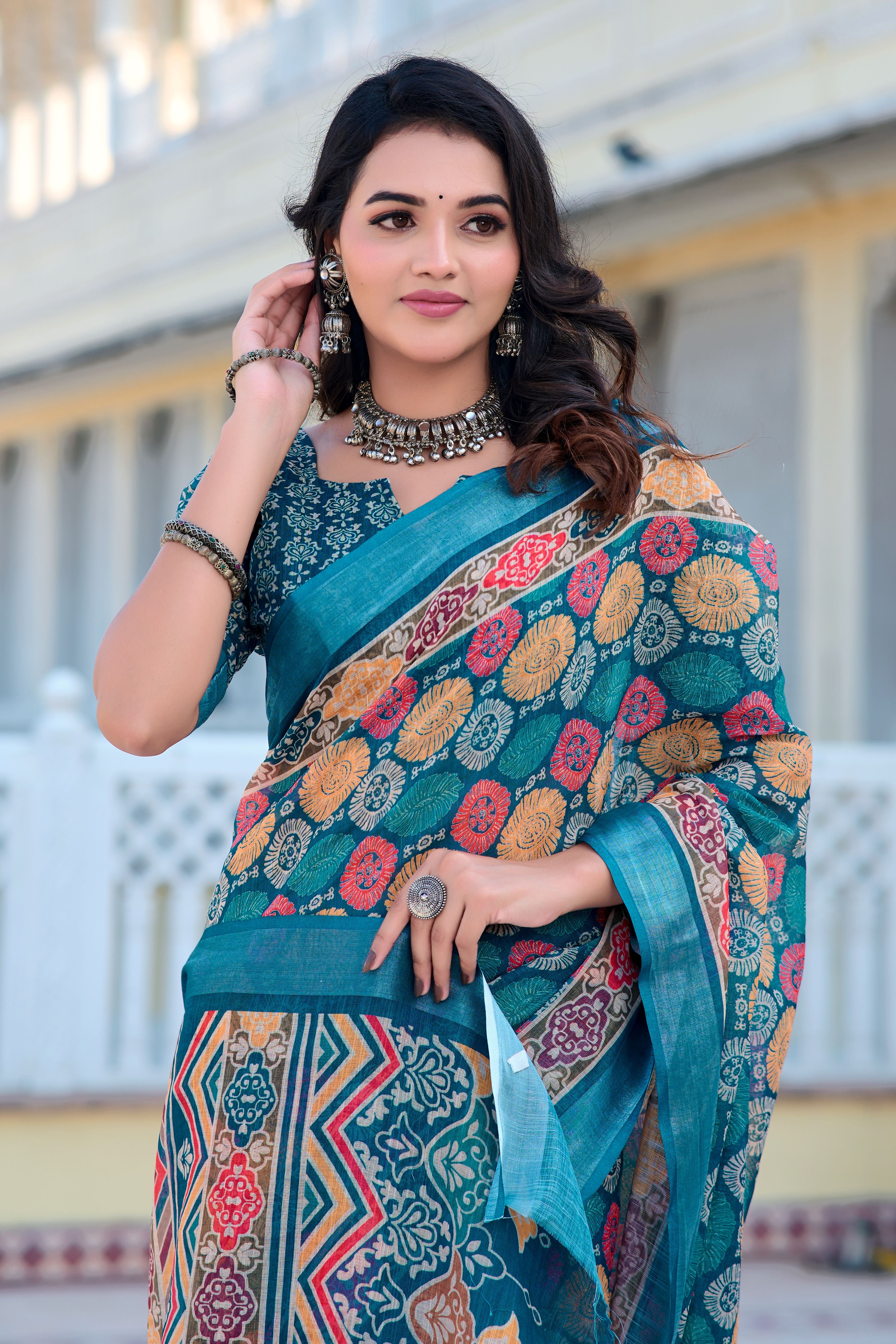 Multi Beautiful Linen Cotton Designer Festive Wear Saree